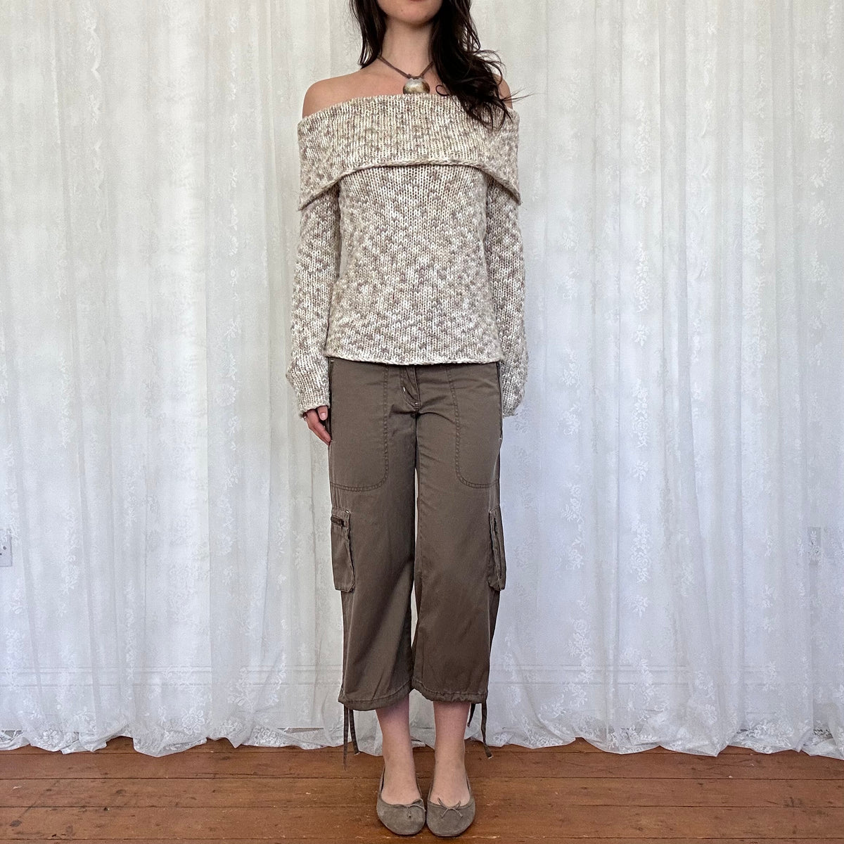 vintage 00s cream and brown off shoulder knitted jumper
