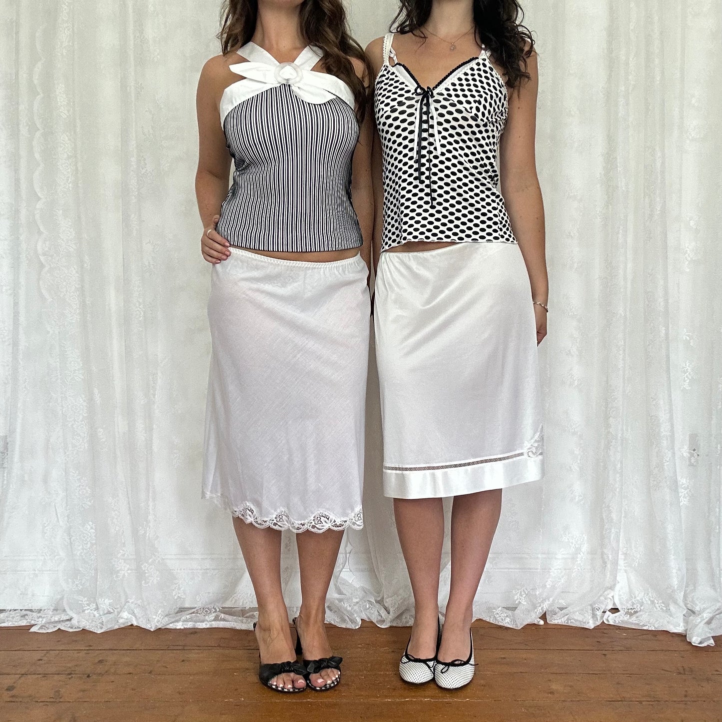 vintage 00s white lace detail slip midi skirt