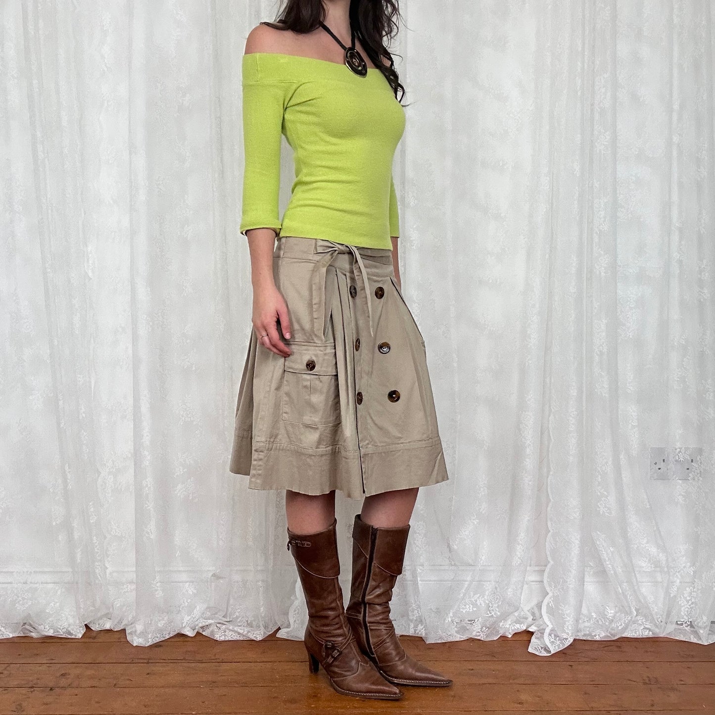 vintage 00s green crop sleeve fine knit jumper