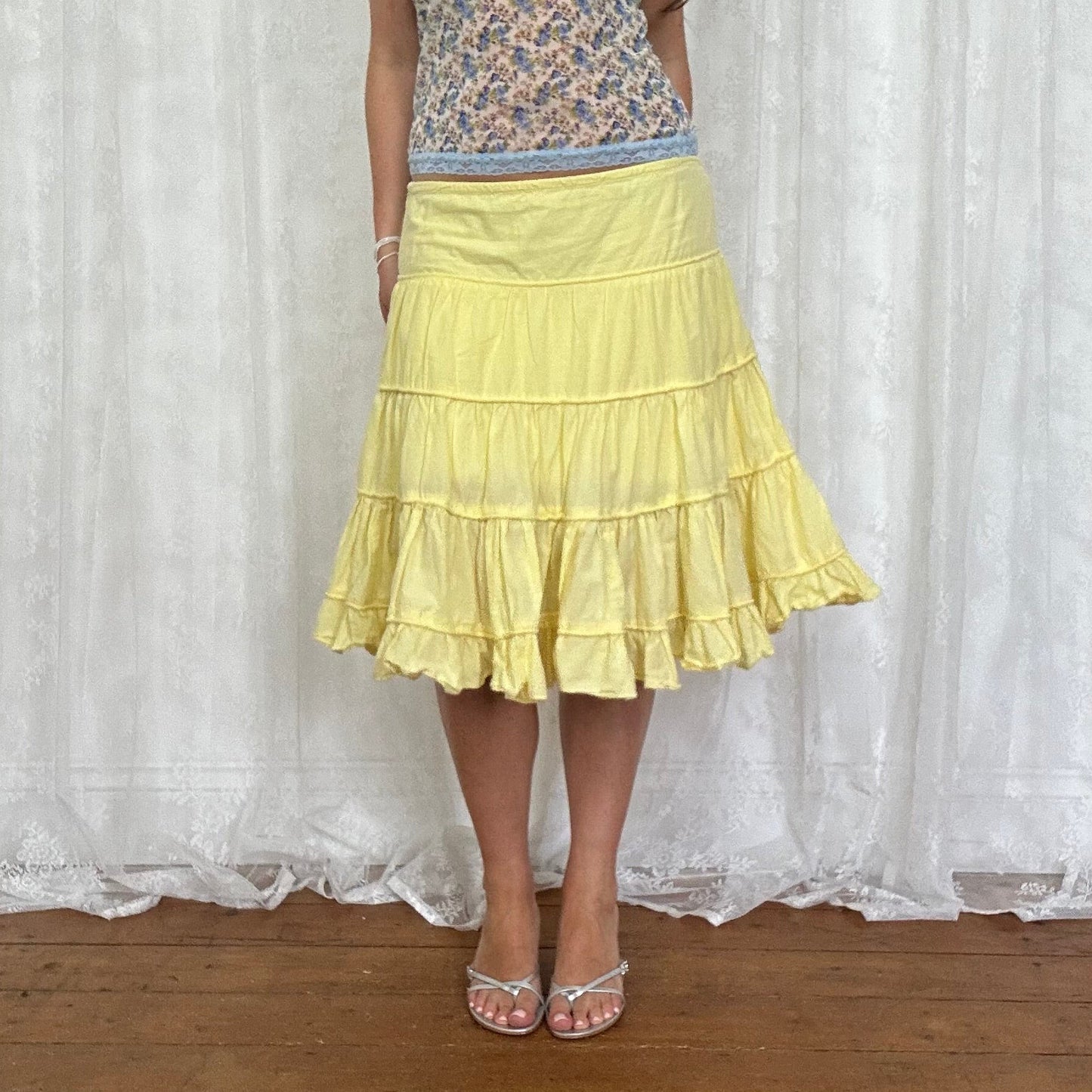 vintage 00s yellow tiered midi skirt