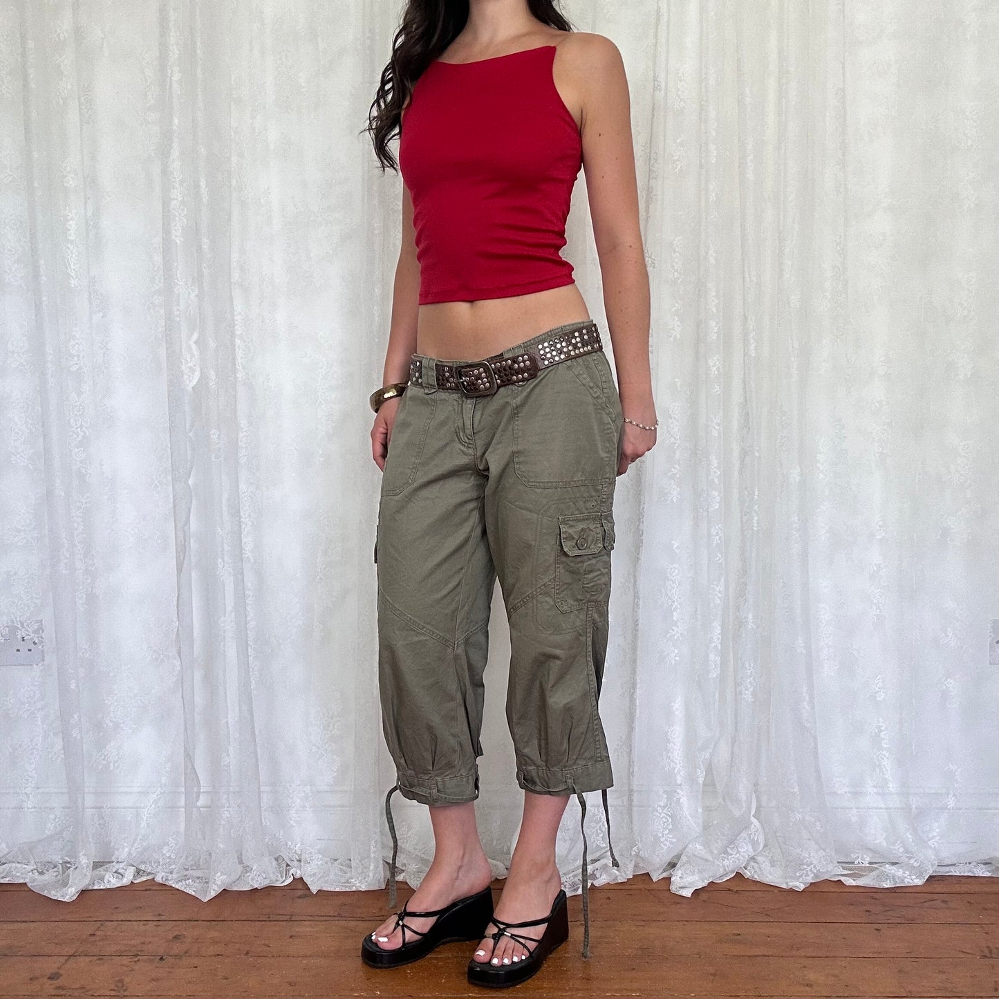 vintage 00s red high neck cami with clear straps