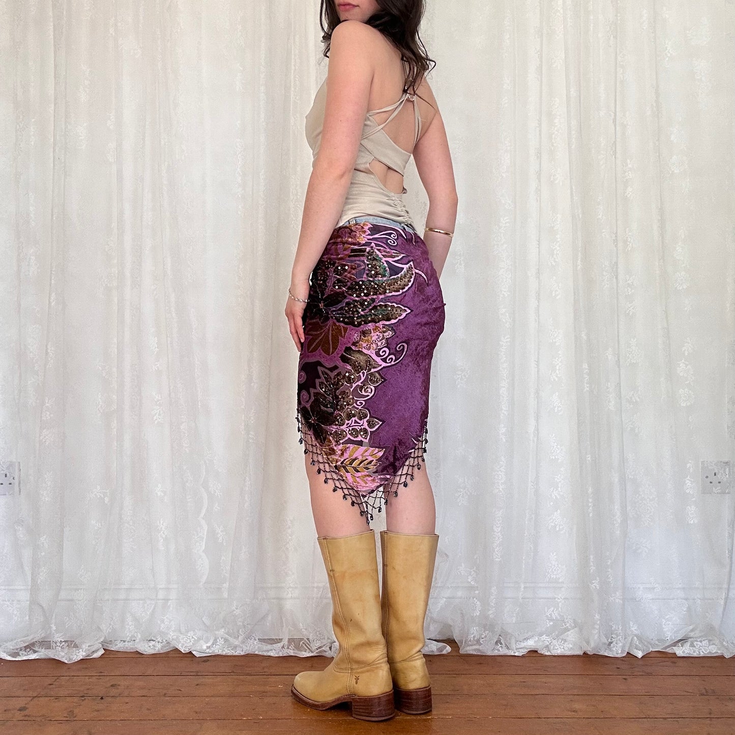 vintage 00s purple beaded pattern wrap scarf