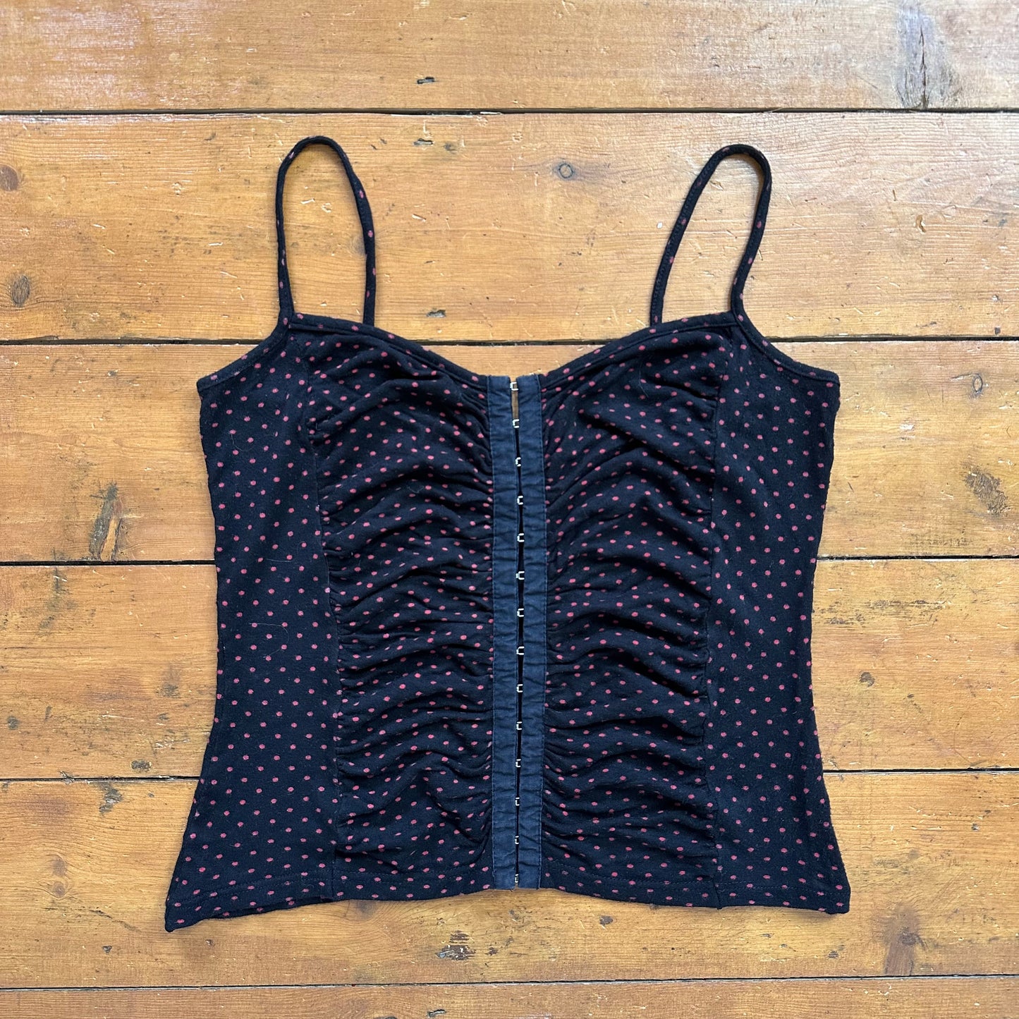 vintage 00s black polka dot hook and eye top