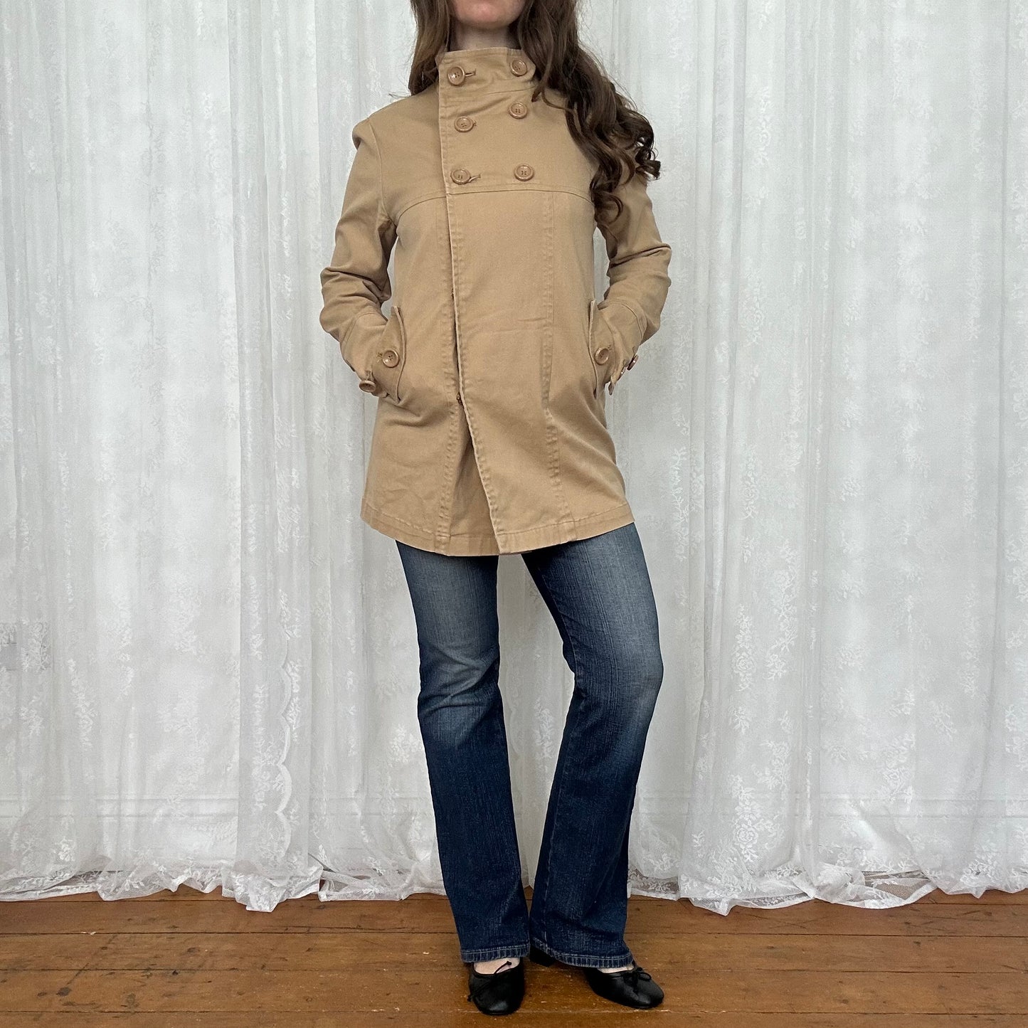 vintage 00s tan double breasted peacoat