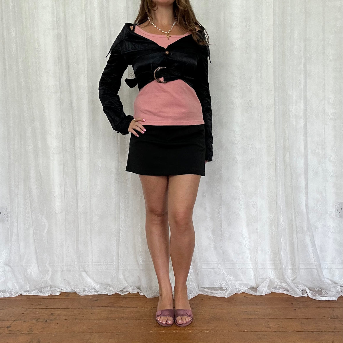 vintage 00s black cropped off shoulder jacket