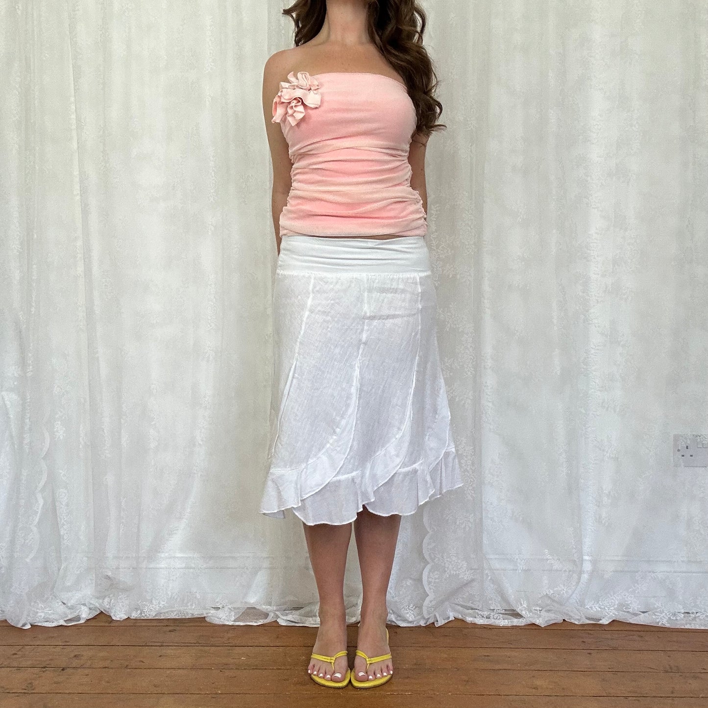 vintage 00s white linen ruffle hem midi skirt