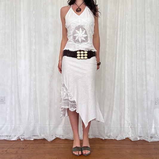 vintage 00s white crochet detail halter top and asymmetrical midi skirt co ord