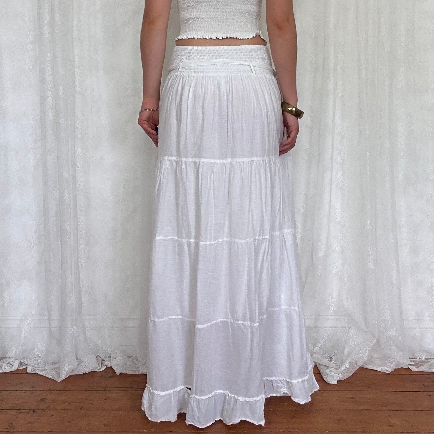 vintage 00s white tiered maxi skirt with attached belt