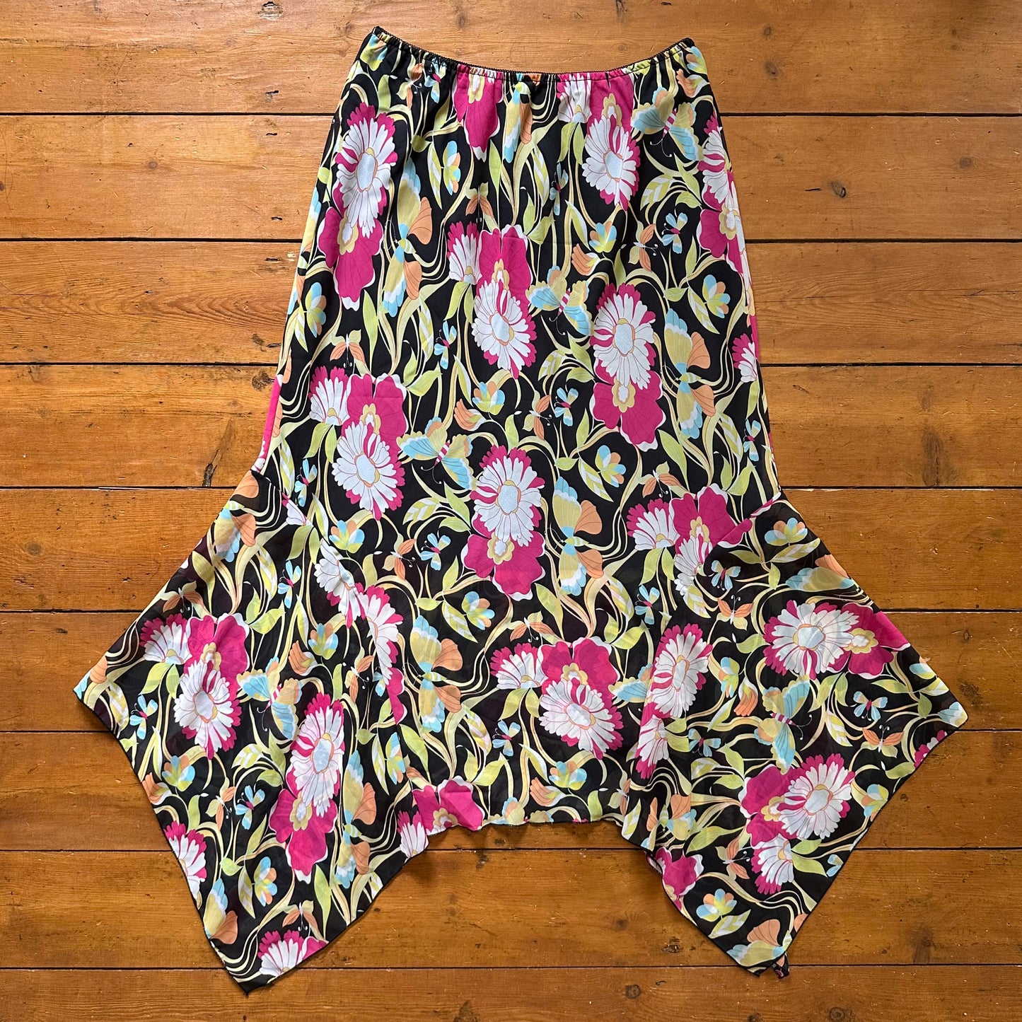 vintage 00s pink and black floral midi maxi skirt