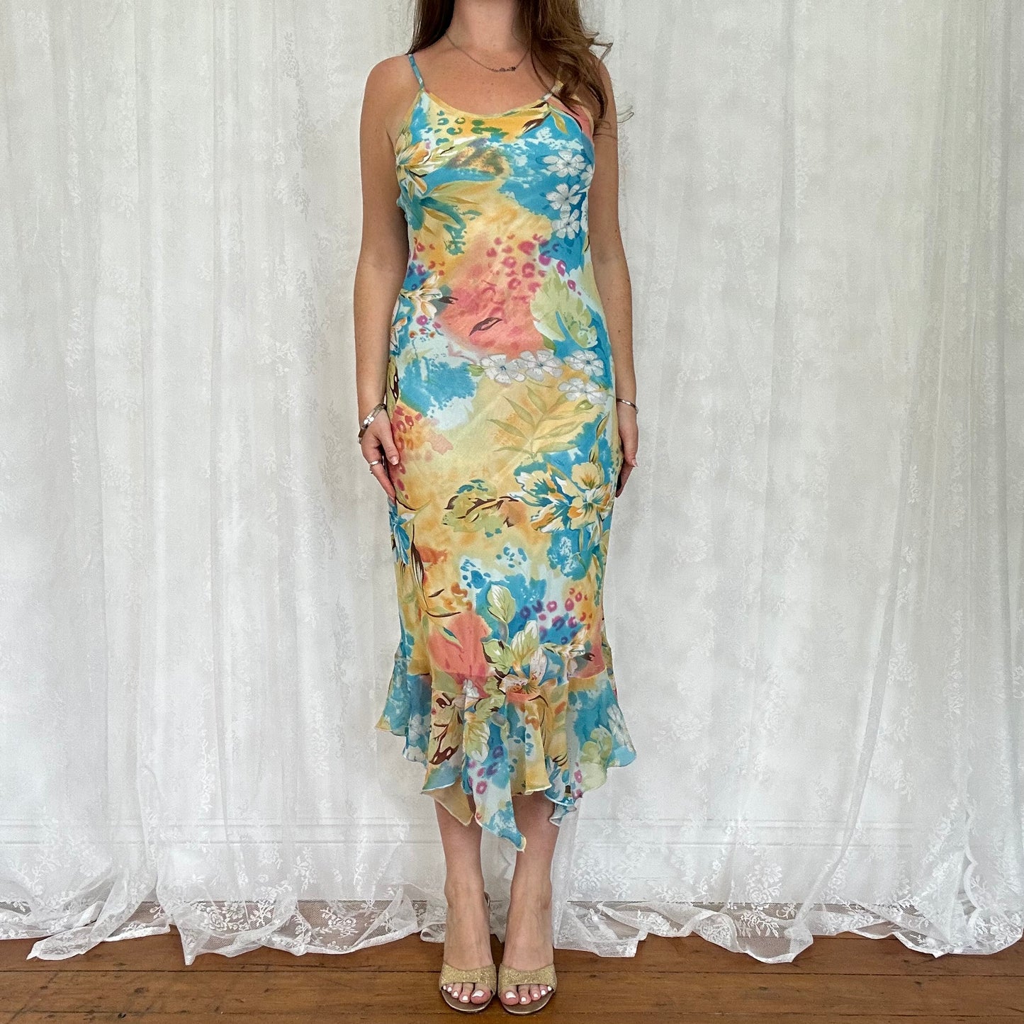 vintage 00s floral mesh midi dress