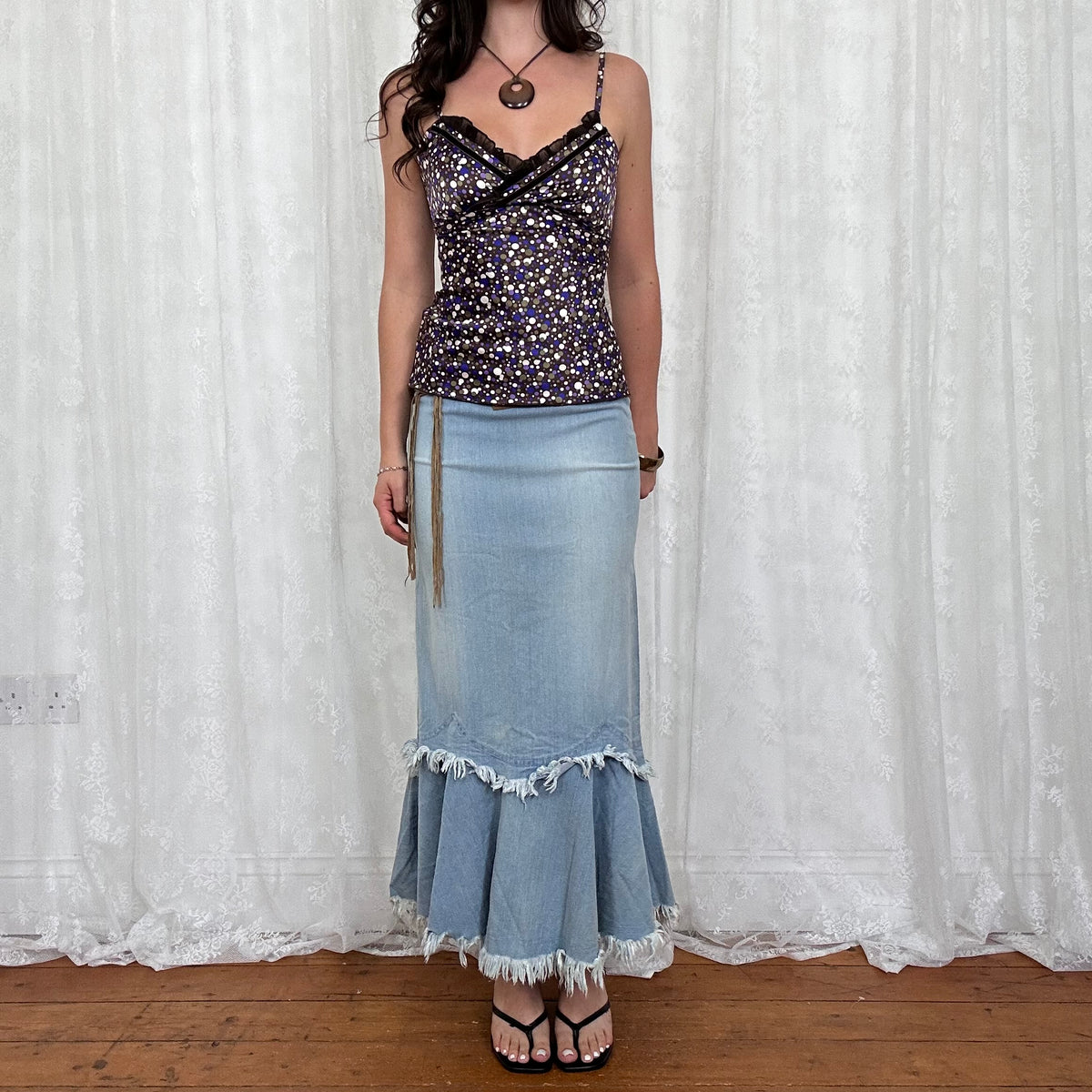 vintage 00s purple and brown polka dot satin cami