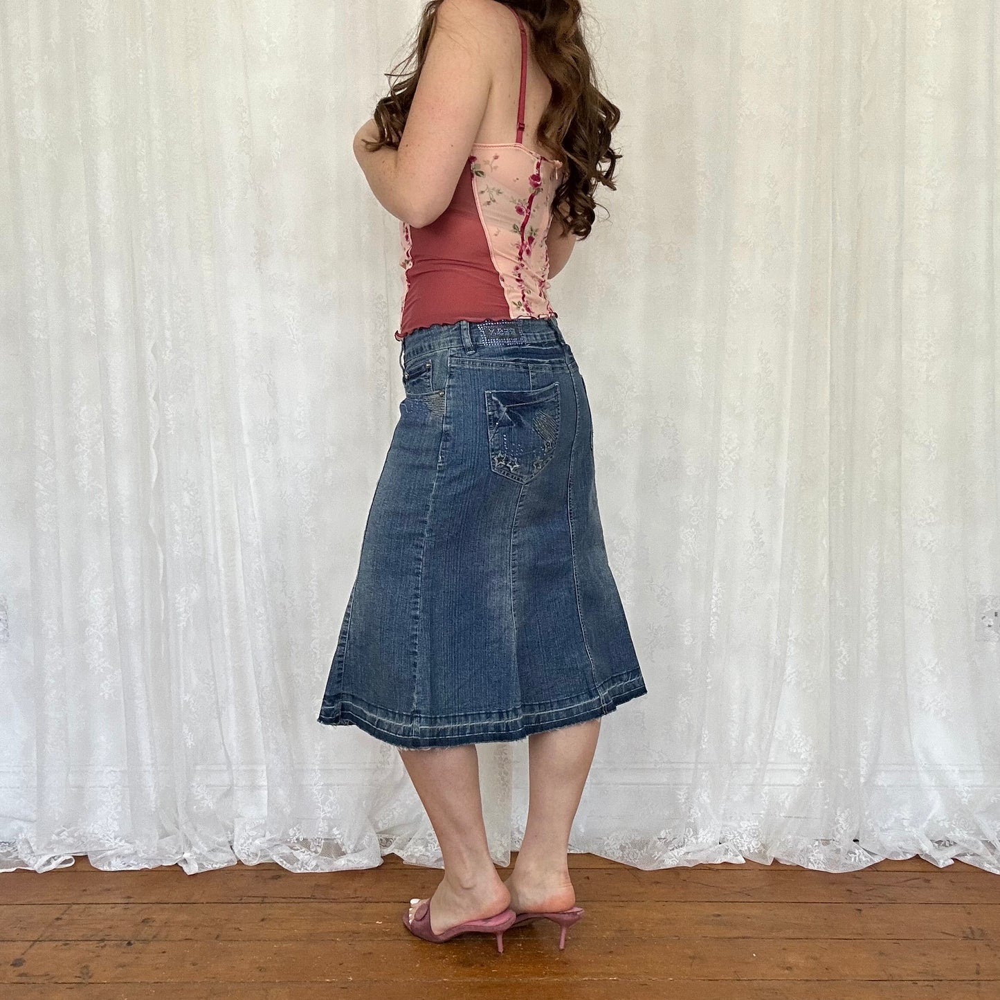 vintage 00s rhinestone detail denim midi skirt