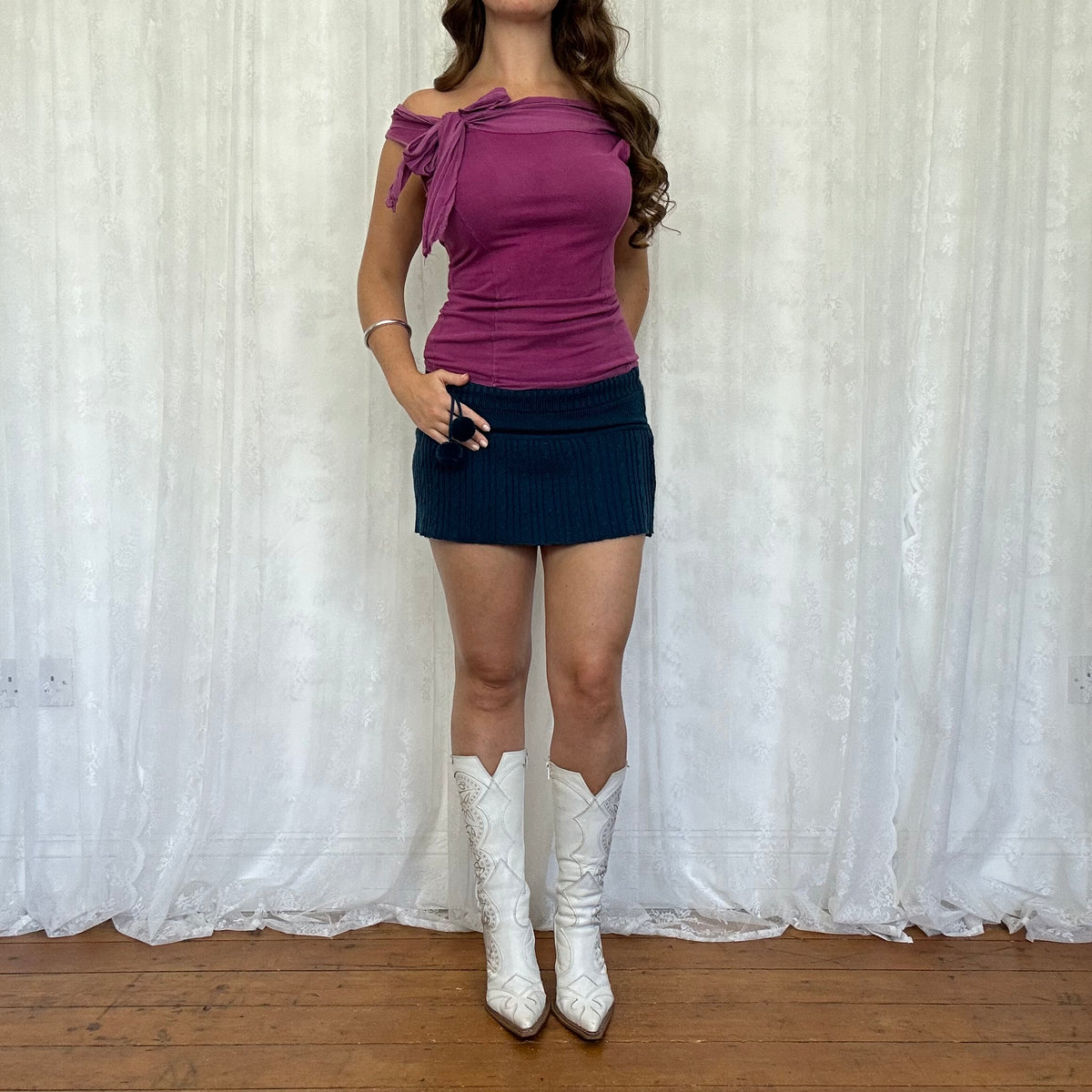 vintage 00s petrol blue knitted micro skirt