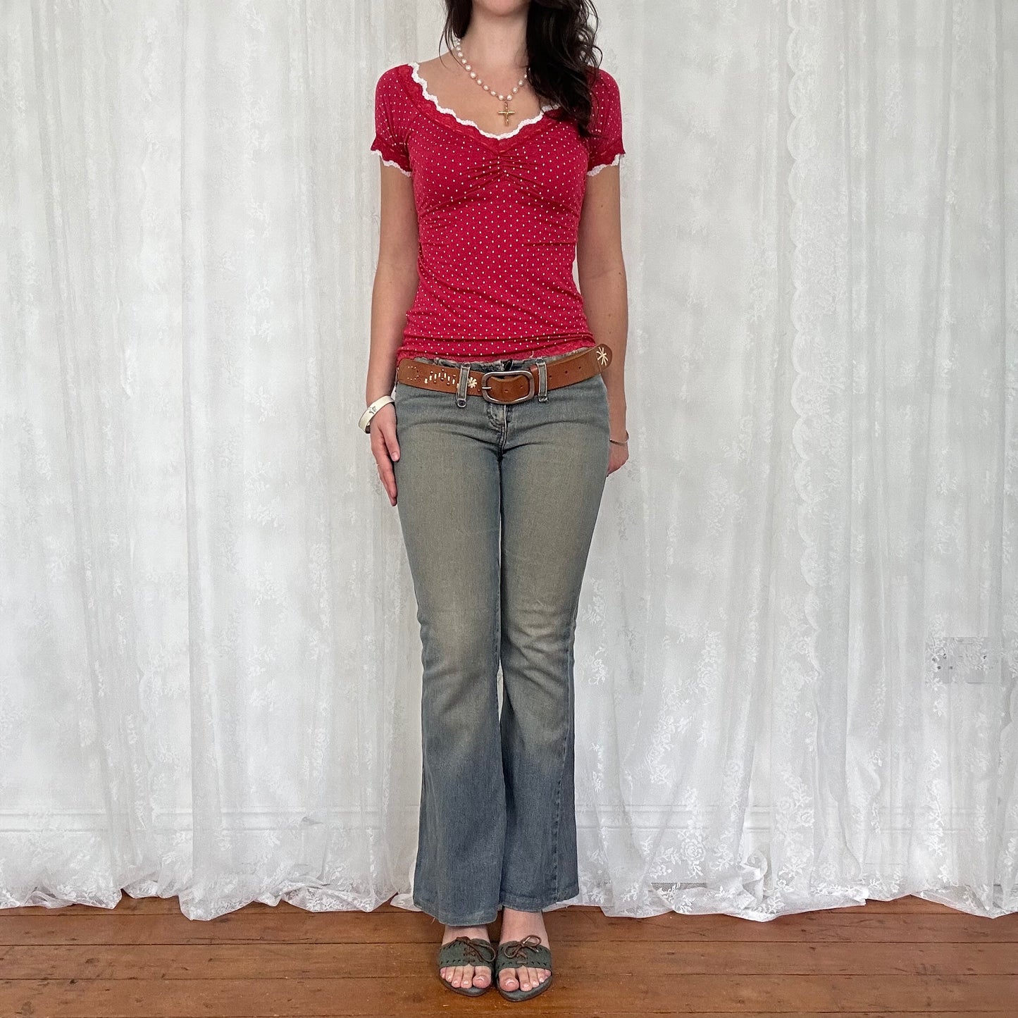 vintage 00s red polka dot lace trim top