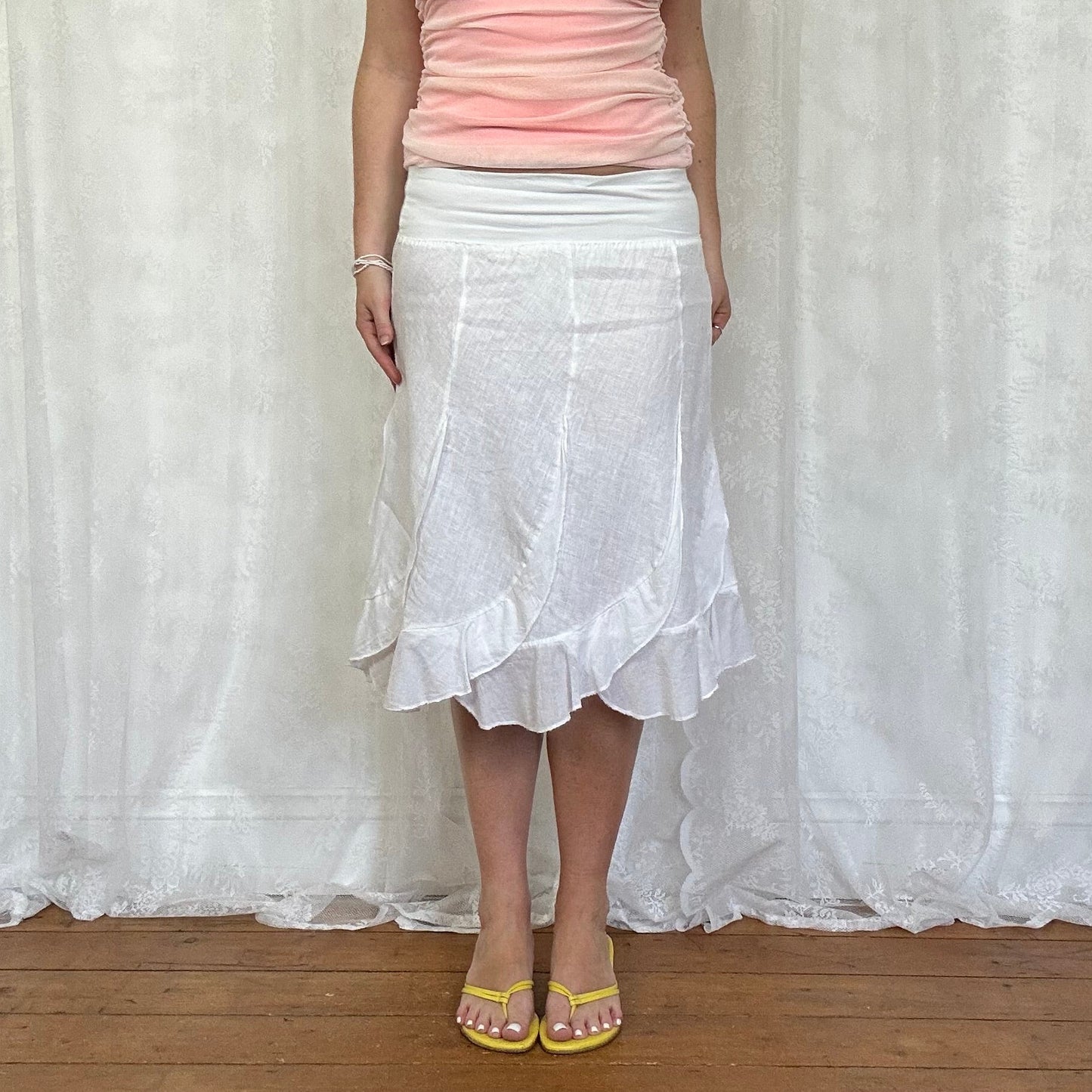 vintage 00s white linen ruffle hem midi skirt