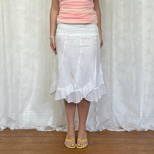 vintage 00s white linen ruffle hem midi skirt