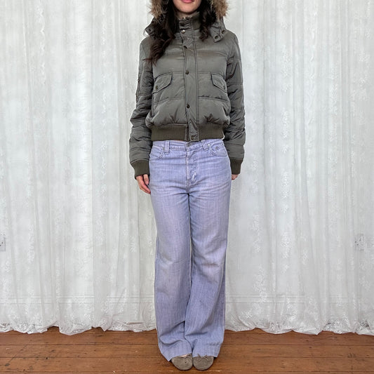 vintage 00s grey / brown hooded bomber with faux fur trim