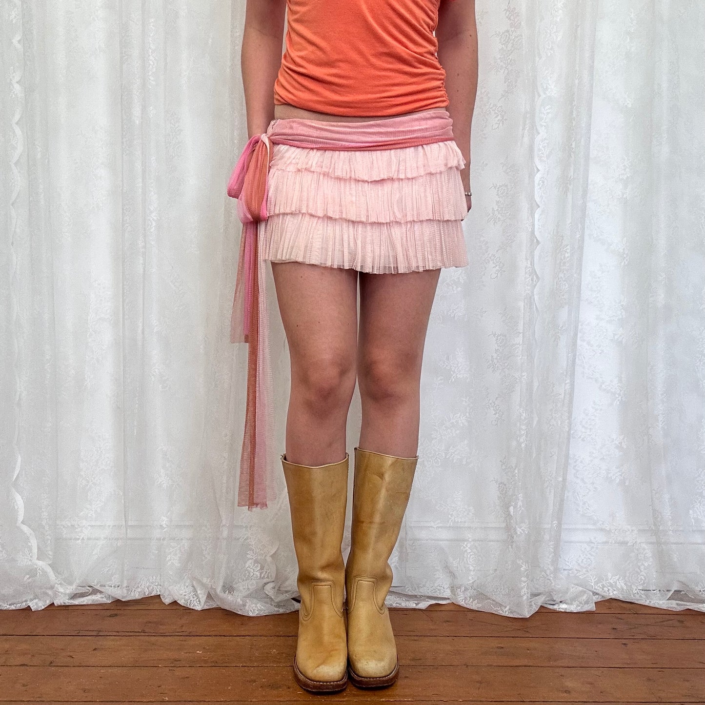 vintage 00s pink silk ruffle mini skirt with tie up belt