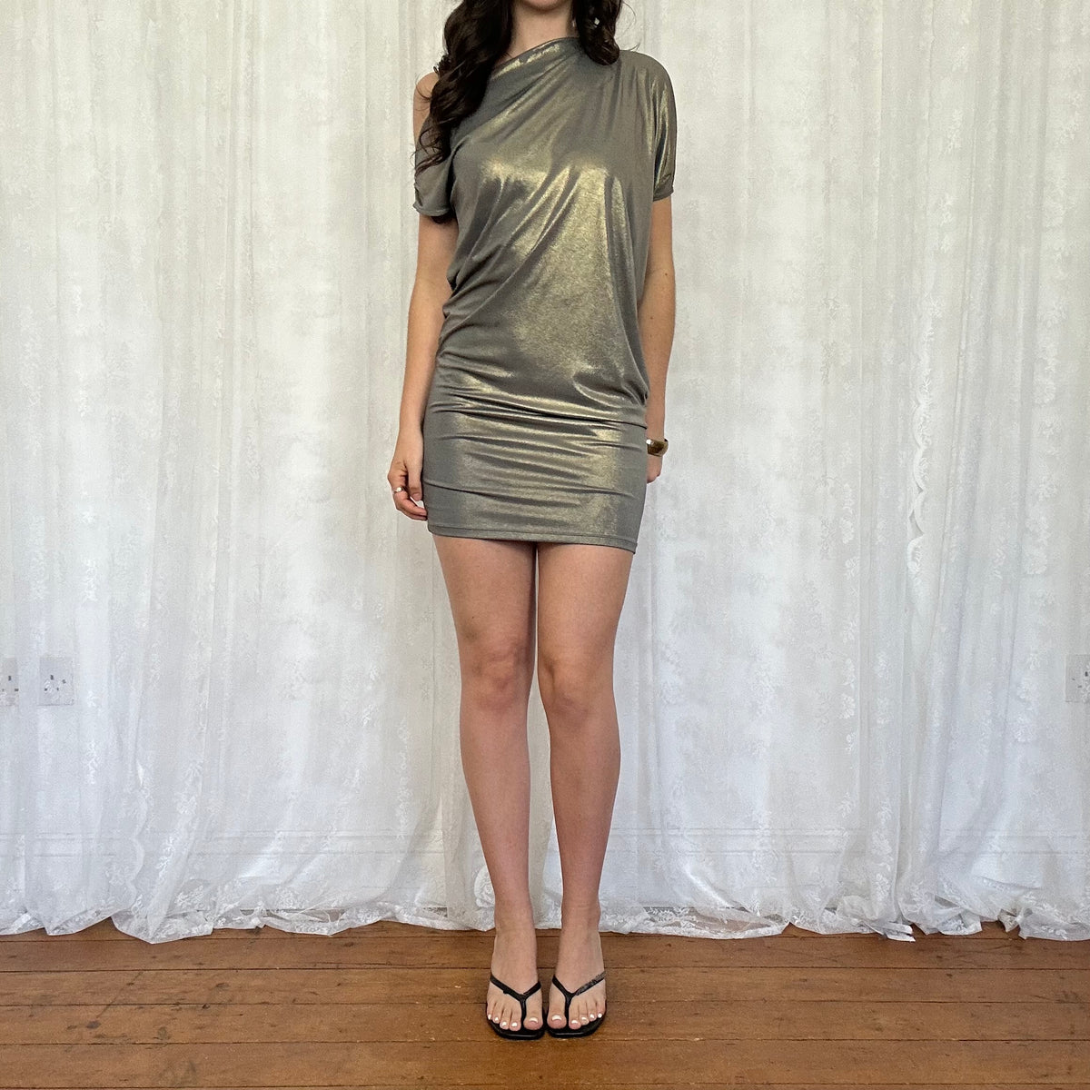 vintage 00s silver metallic one shoulder club dress