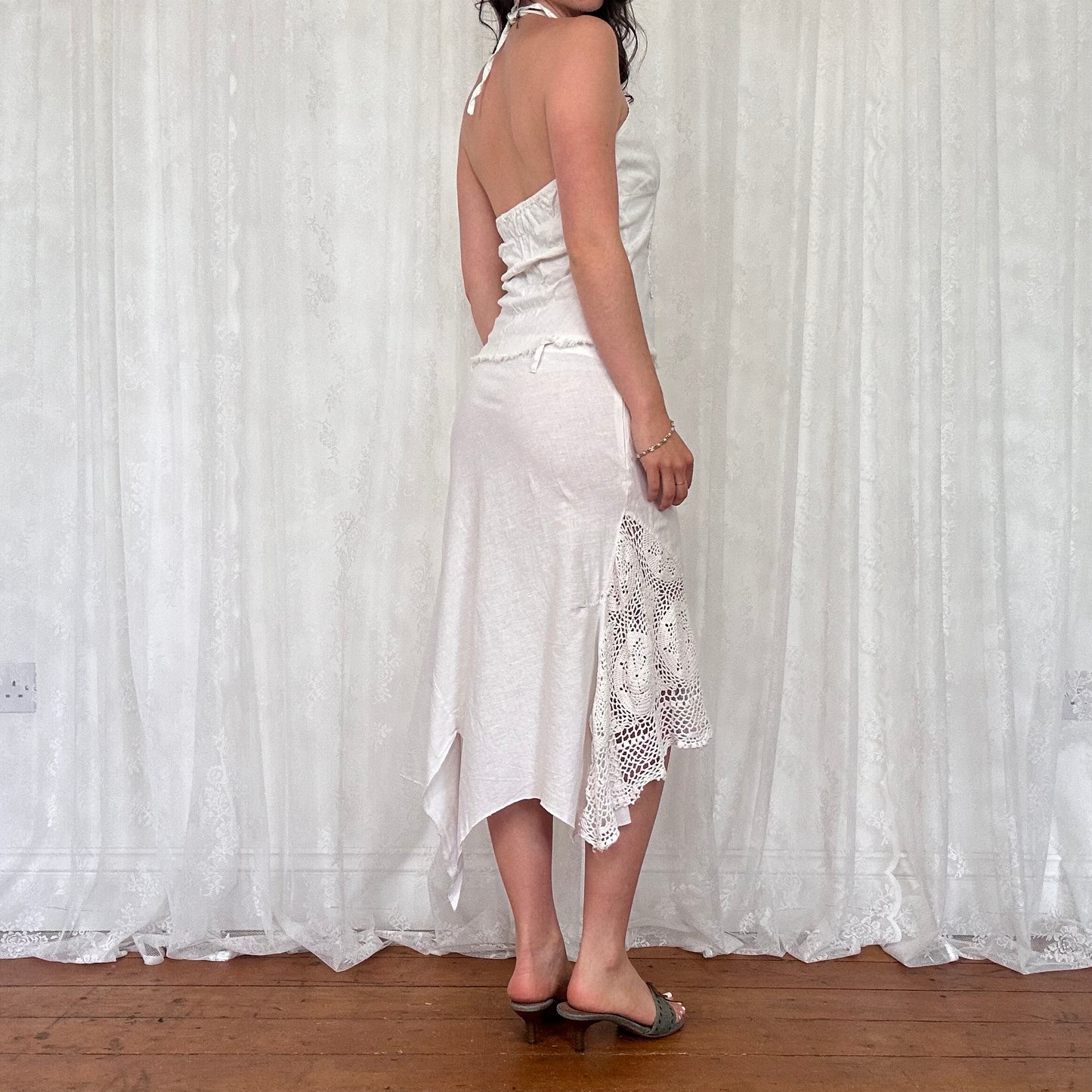 vintage 00s white crochet detail halter top and asymmetrical midi skirt co ord