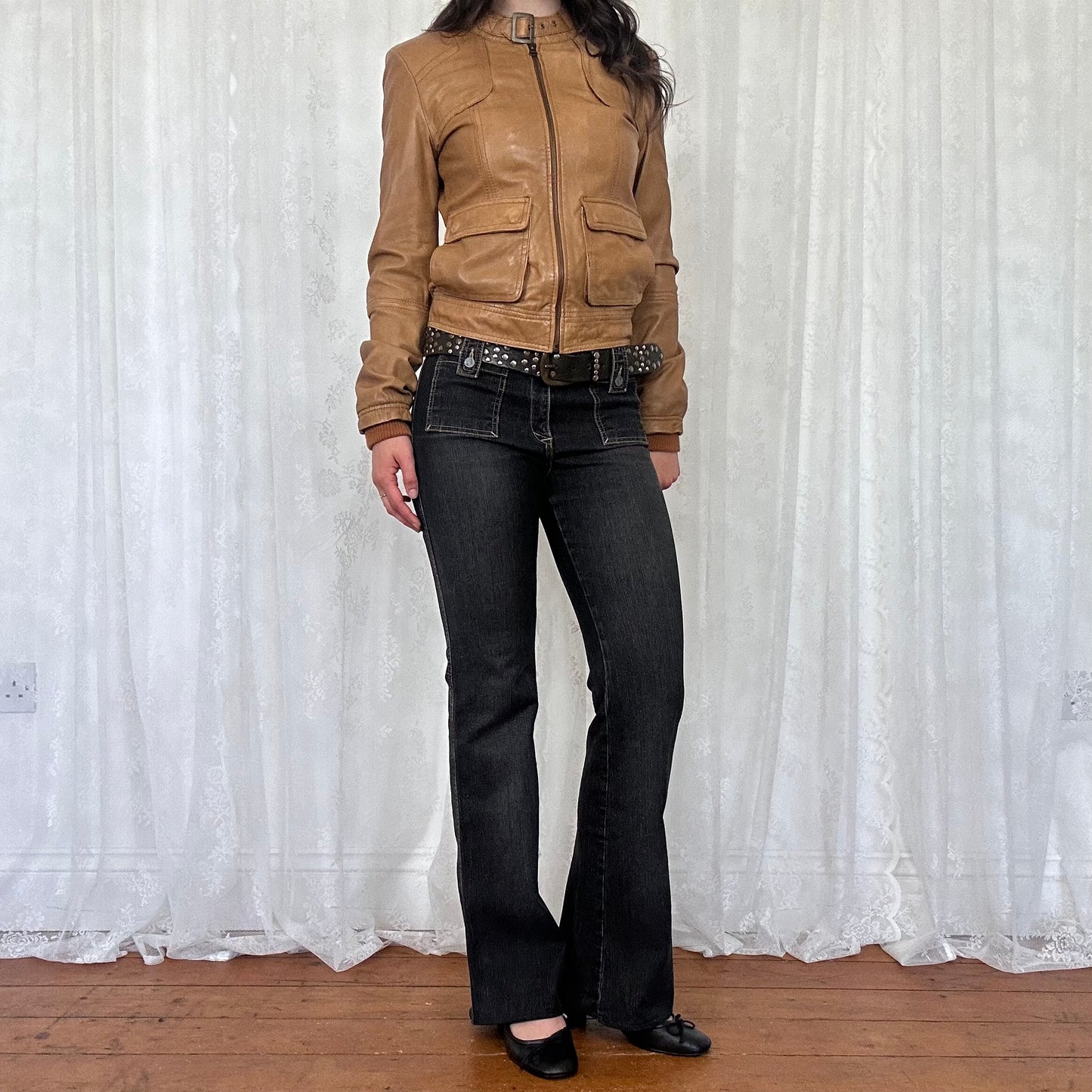 vintage 00s tan leather genuine leather biker jacket