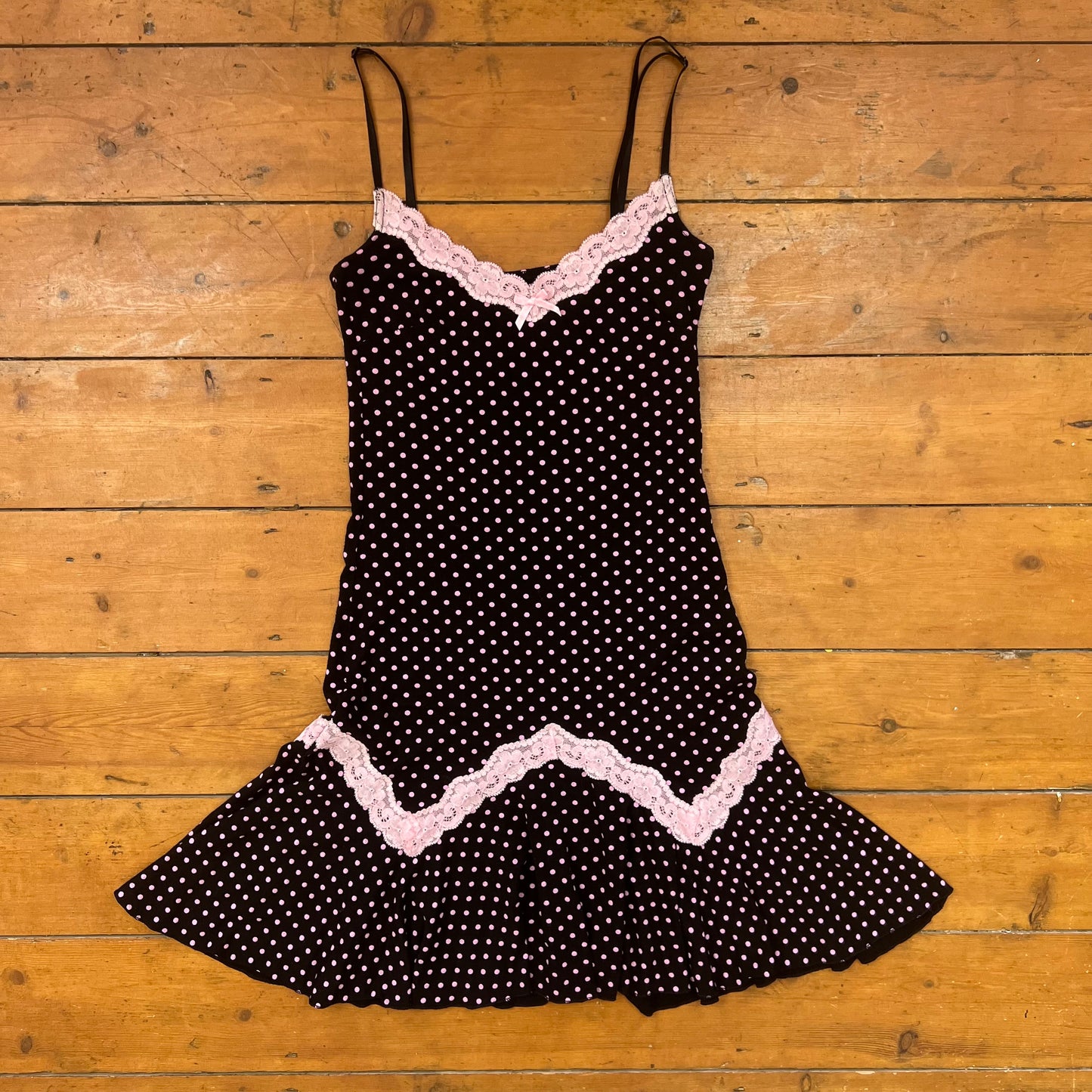 vintage 00s black and baby pink polka dot mini dress