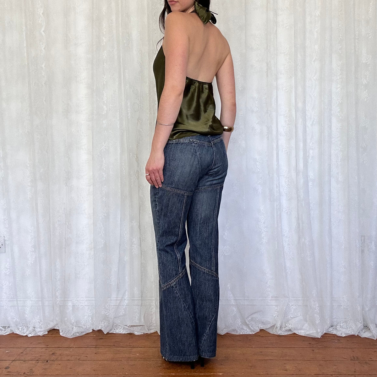 vintage 00s olive green satin halter top