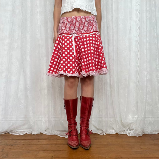 vintage 00s red and white polka dot midi skirt