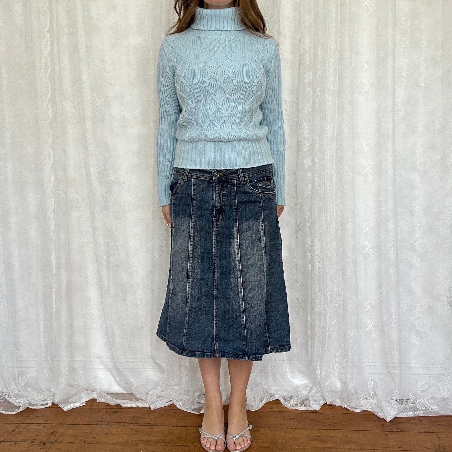 vintage 00s mid wash denim midi skirt