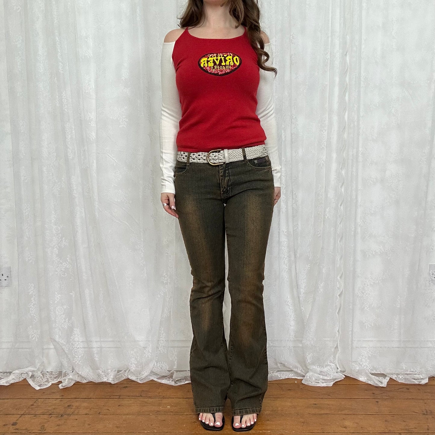 vintage 00s red cold shoulder knit beaded top