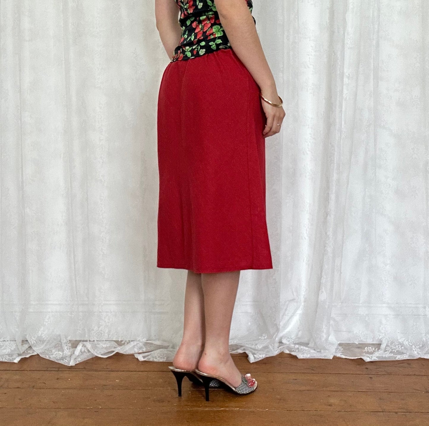 vintage 00s red linen midi skirt