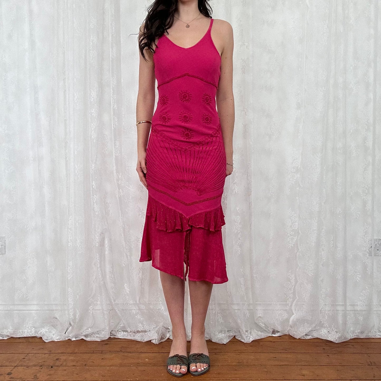 vintage 00s dark pink embroidered midi dress