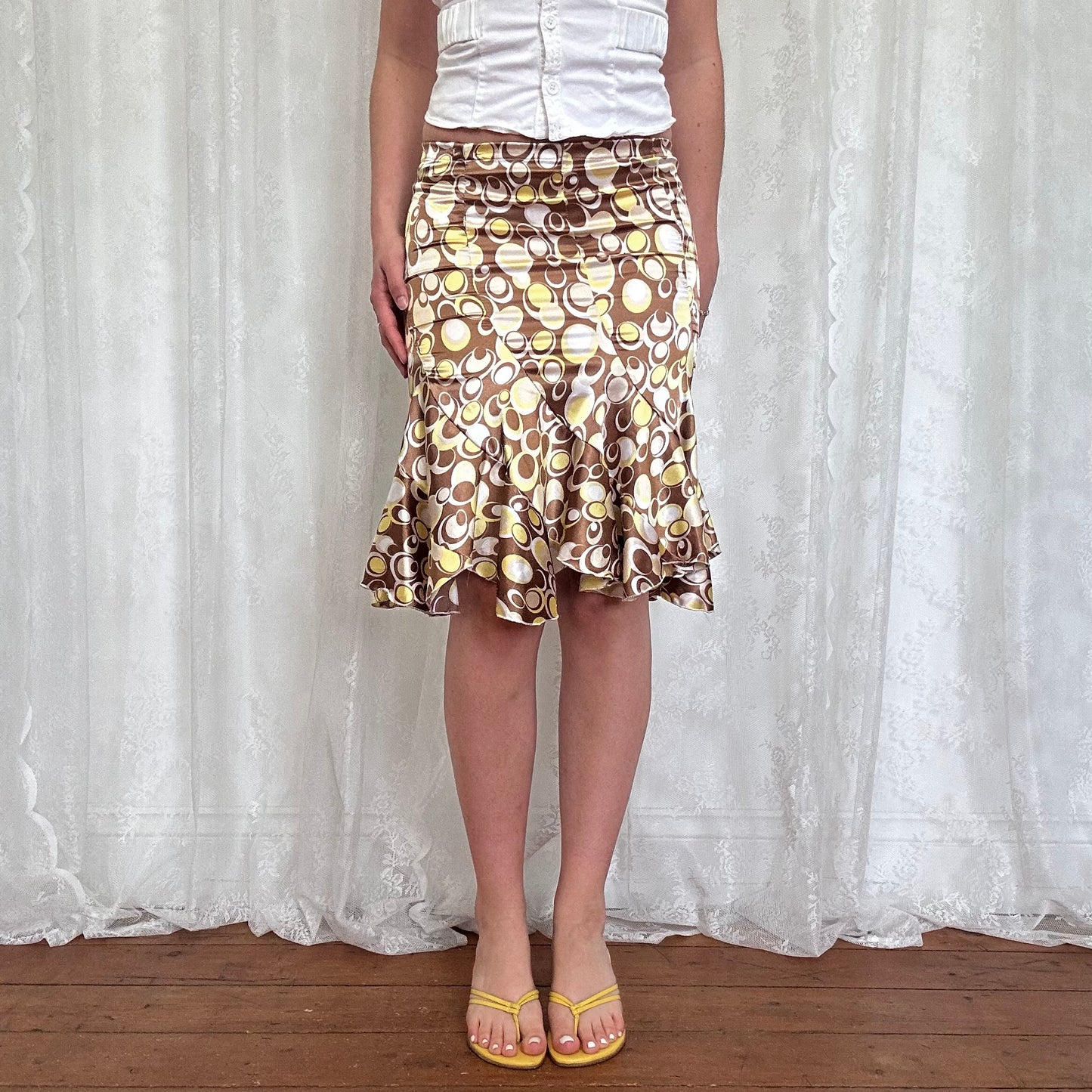 vintage 00s brown satin circle print flared midi skirt