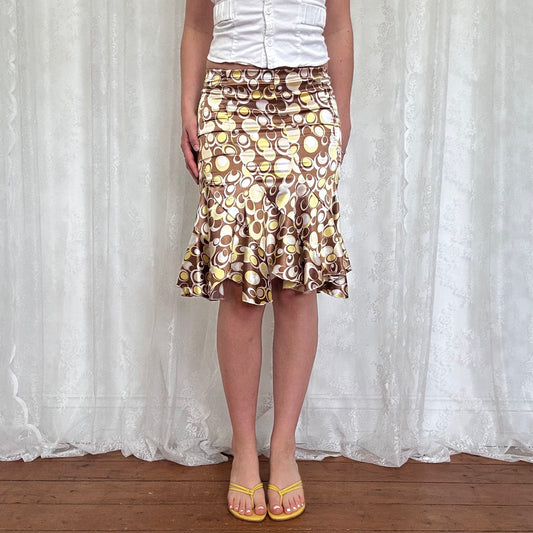 vintage 00s brown satin circle print flared midi skirt
