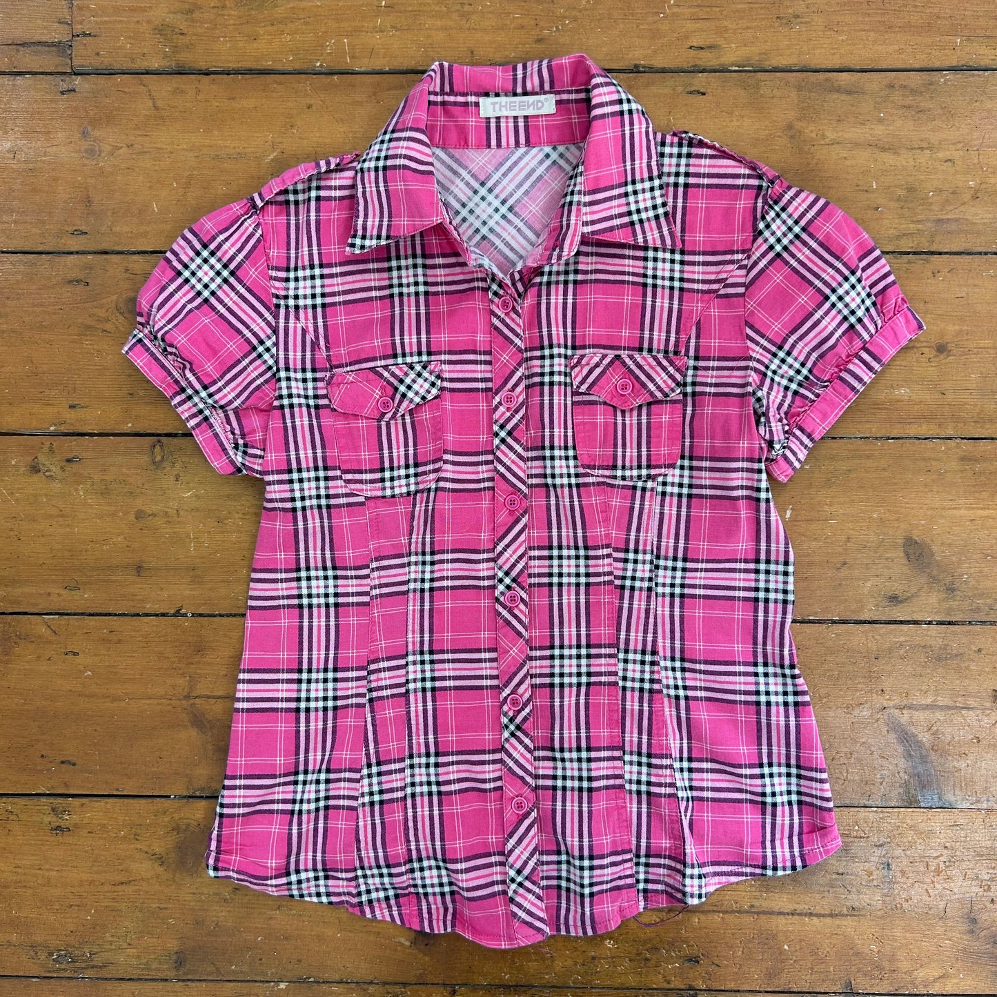 vintage 00s pink and black checkered short sleeve shirt