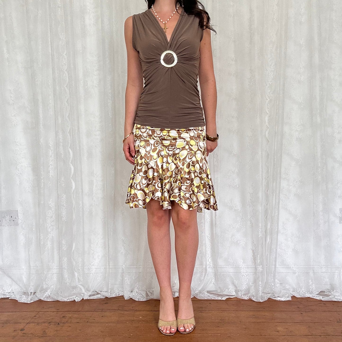 vintage 00s slinky brown ruched buckle top