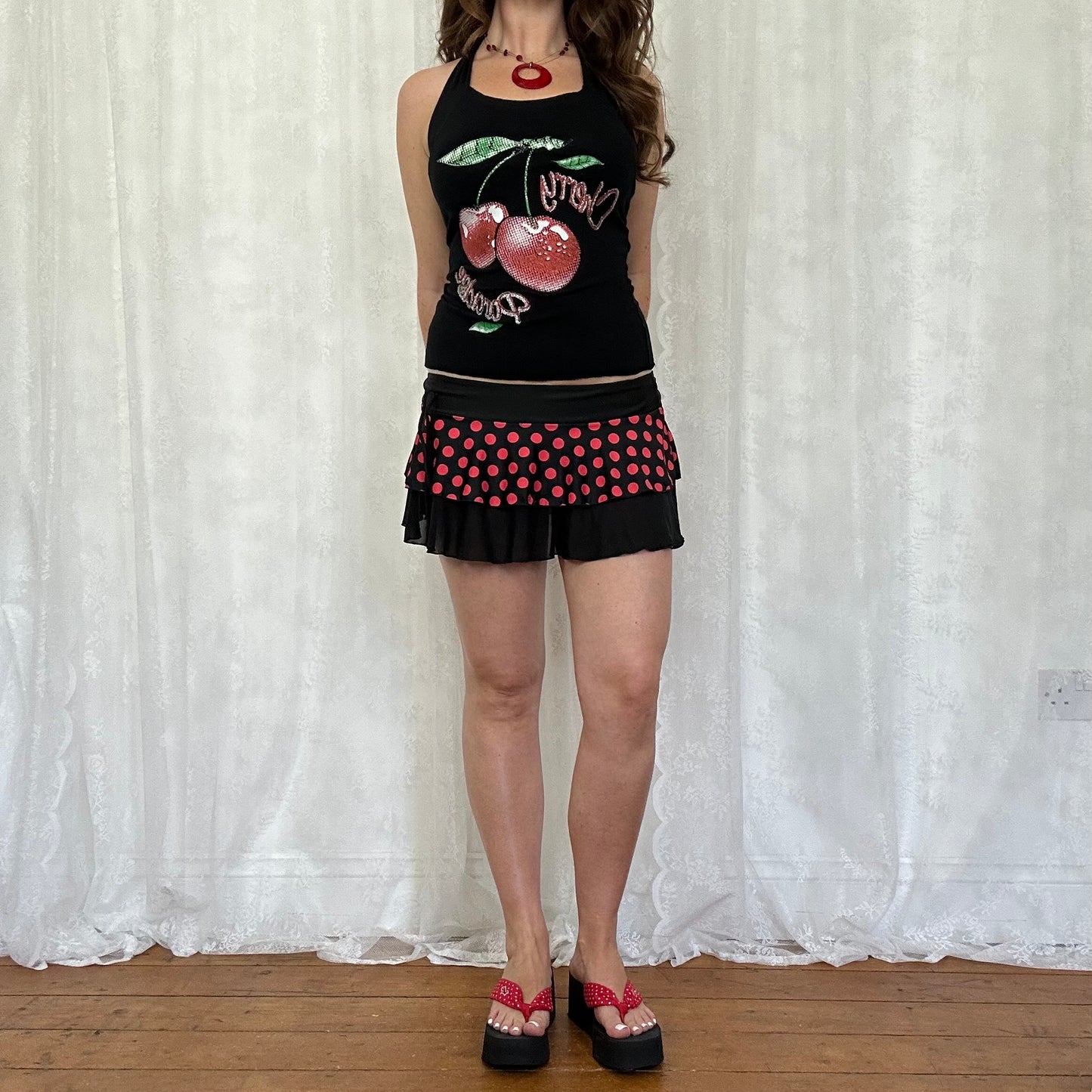 vintage 00s black and red polka dot micro skirt