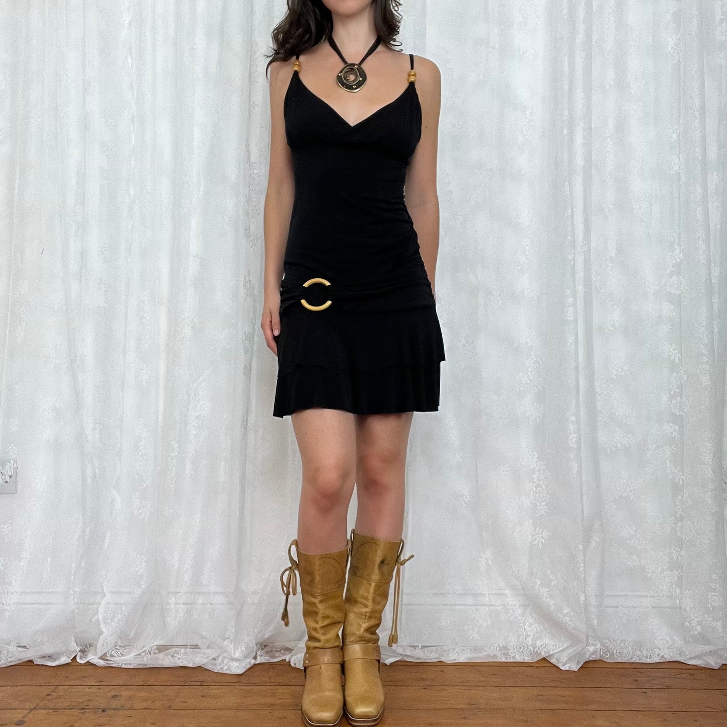vintage 00s black o ring ruffle mini dress