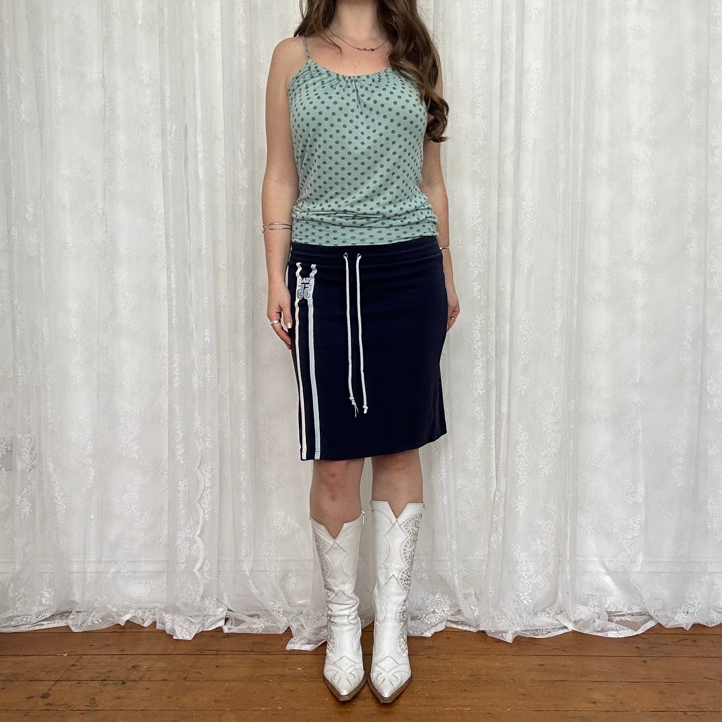 vintage 00s blue polka dot ruched cami top
