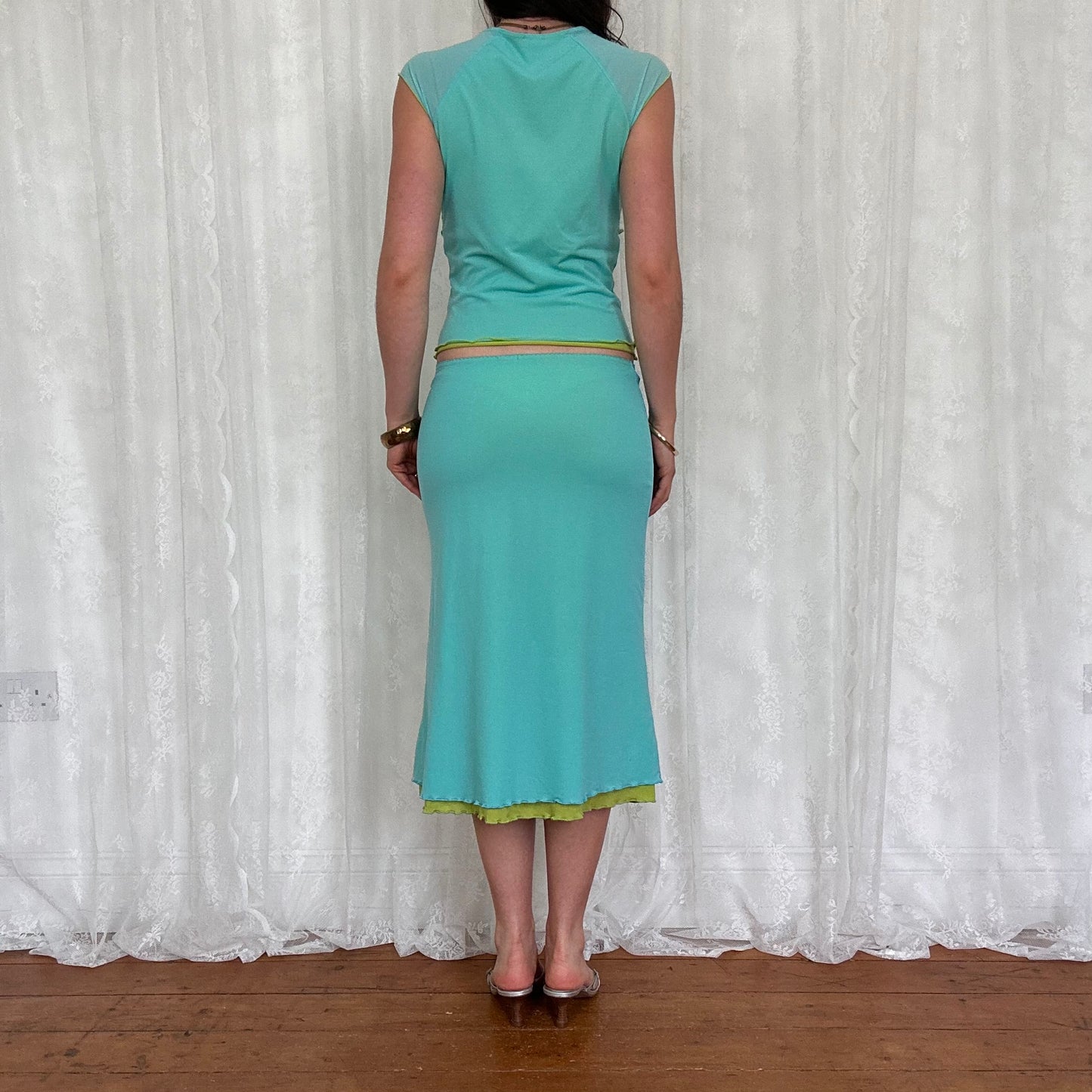 vintage 00s teal and lime green mesh milkmaid top and midi skirt co ord