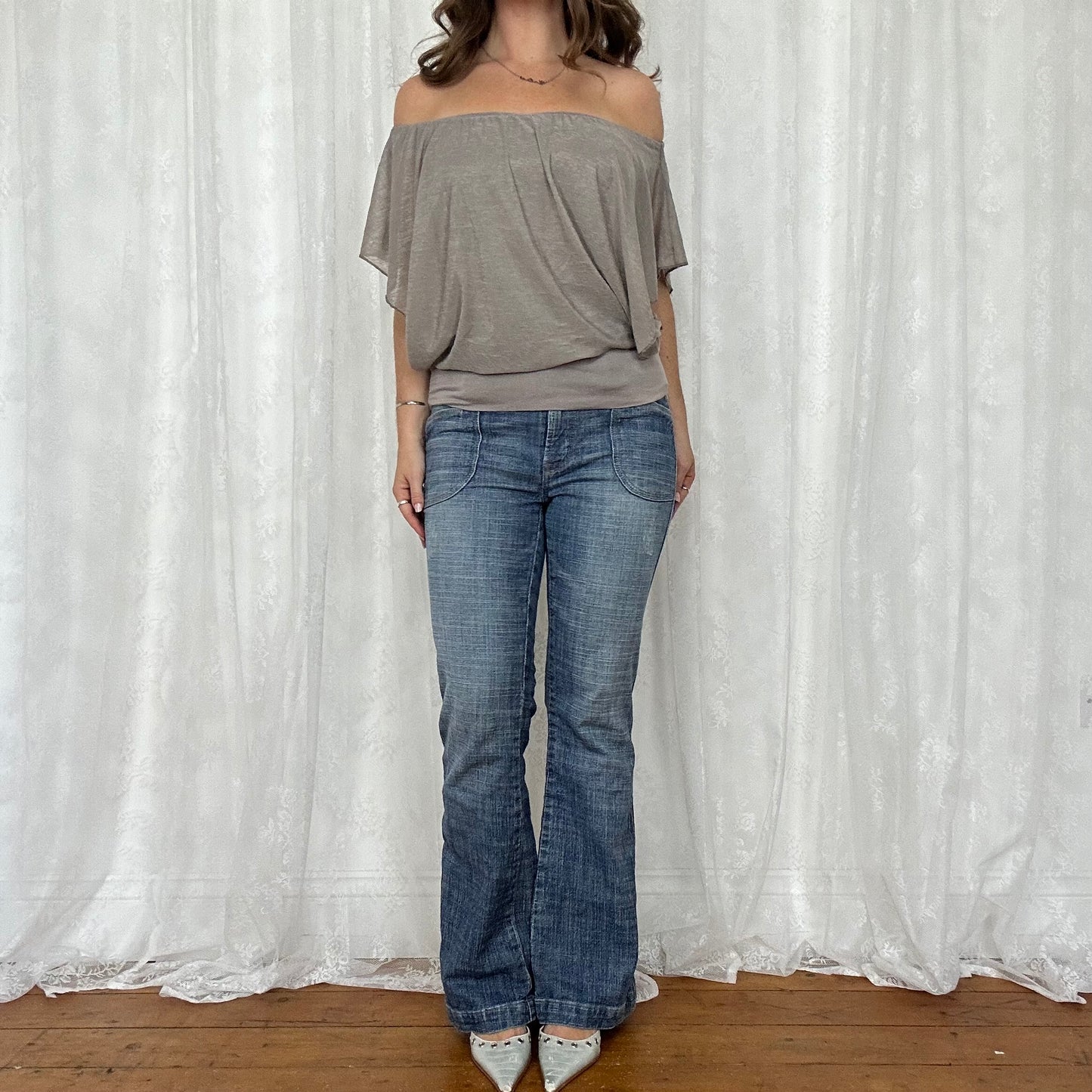 vintage 00s grey bat wing cinched waist top