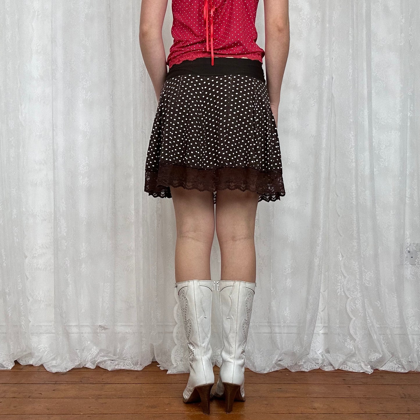 vintage 00s brown polka dot lace trim skirt