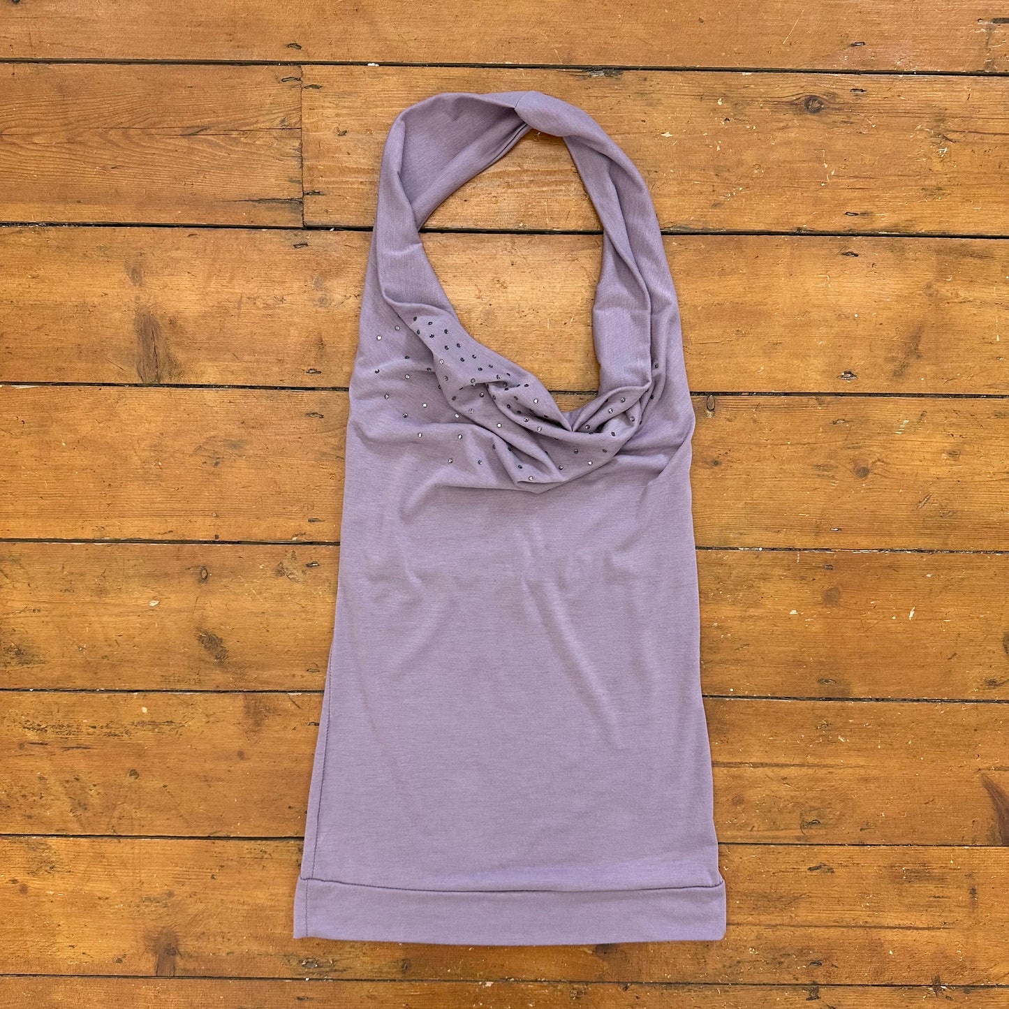 vintage 00s lilac diamanté cowl neck halter top