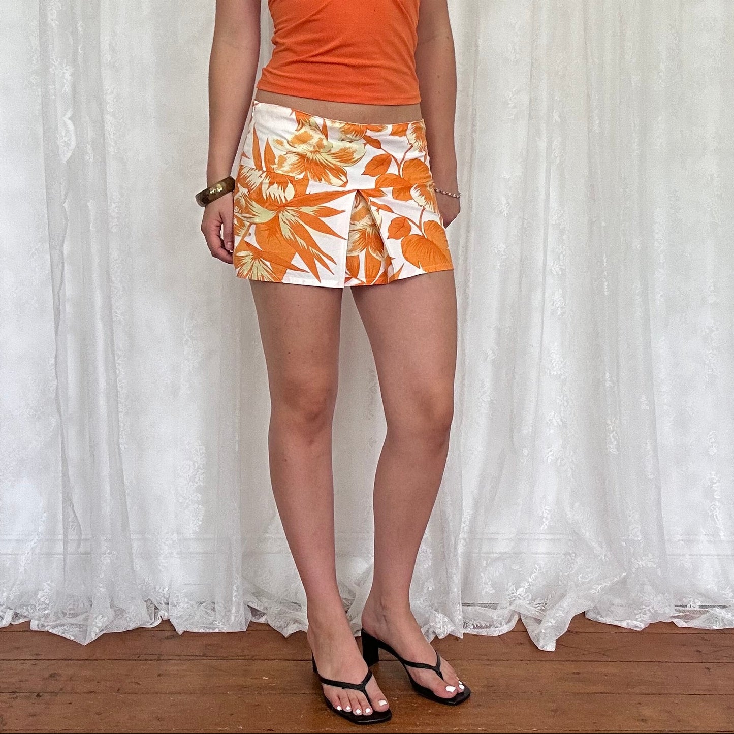 vintage 00s orange hibiscus floral mini skirt