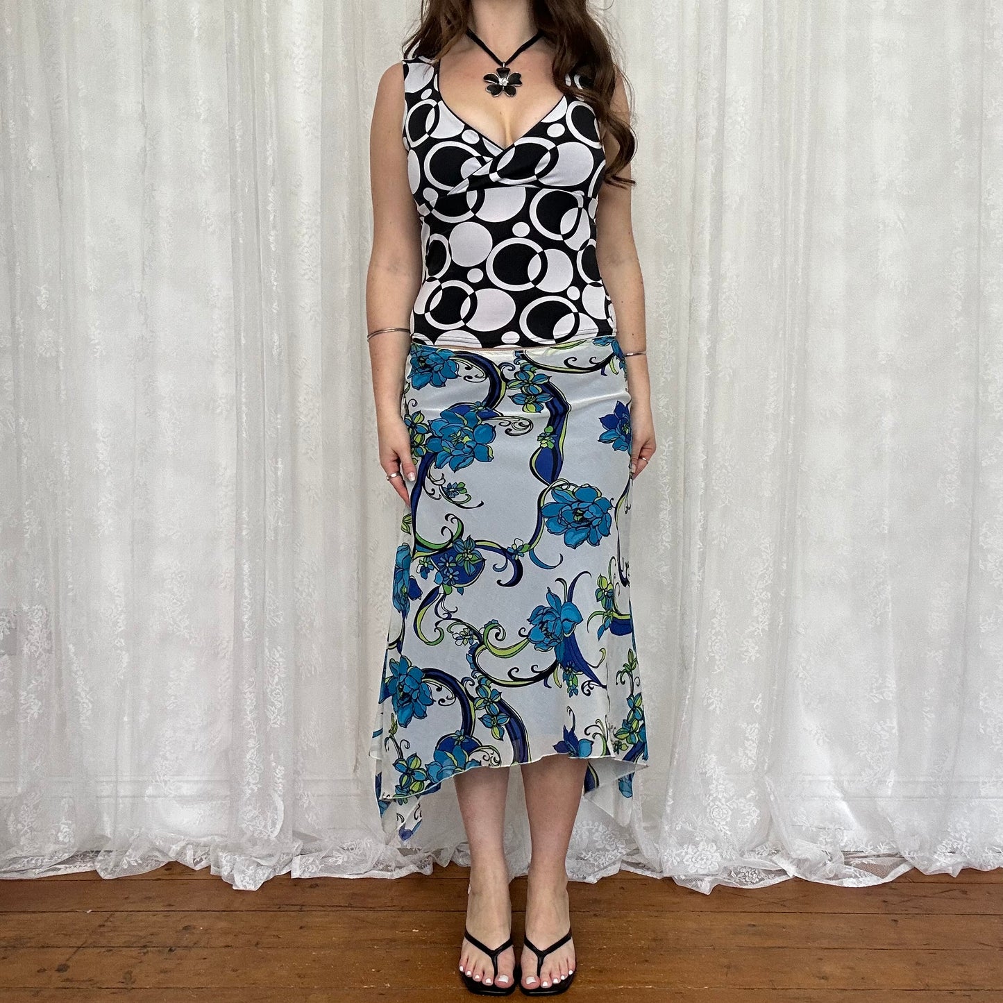 vintage 00s blue floral asymmetrical midi skirt