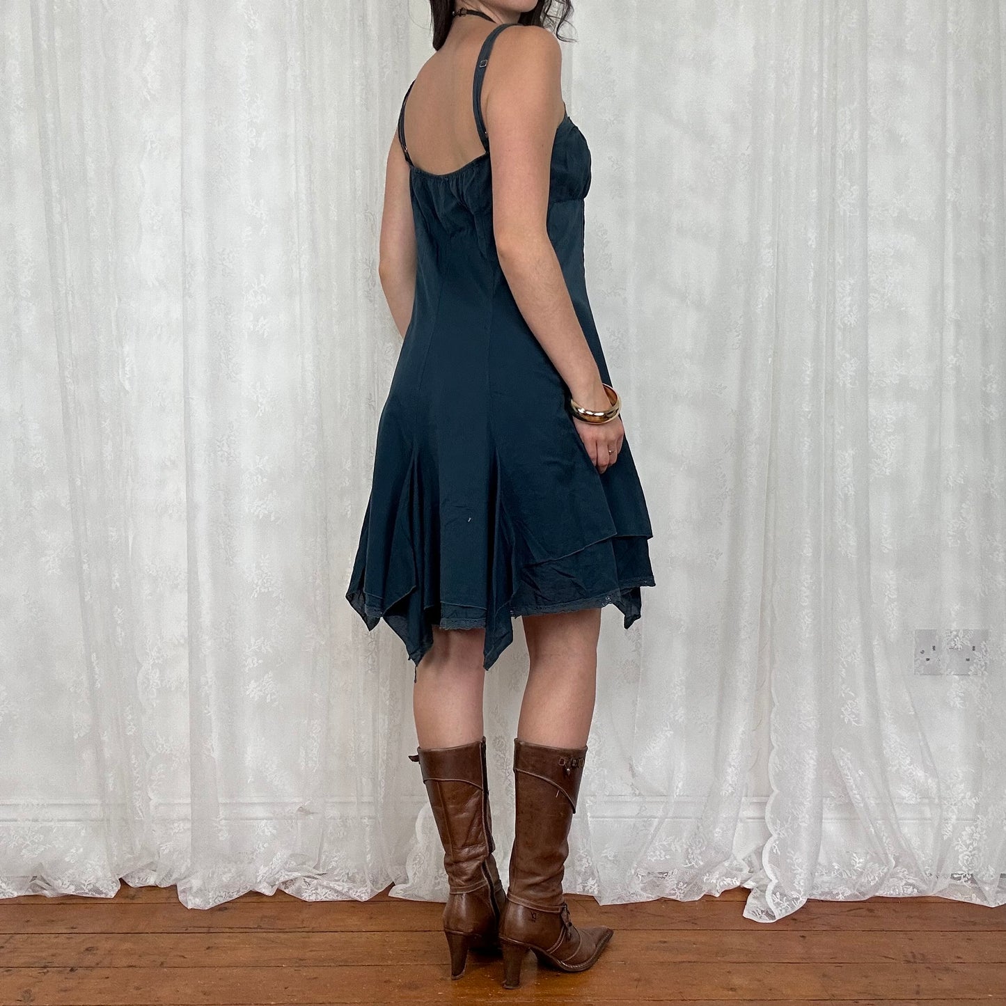 vintage 00s ink blue broderie midi dress