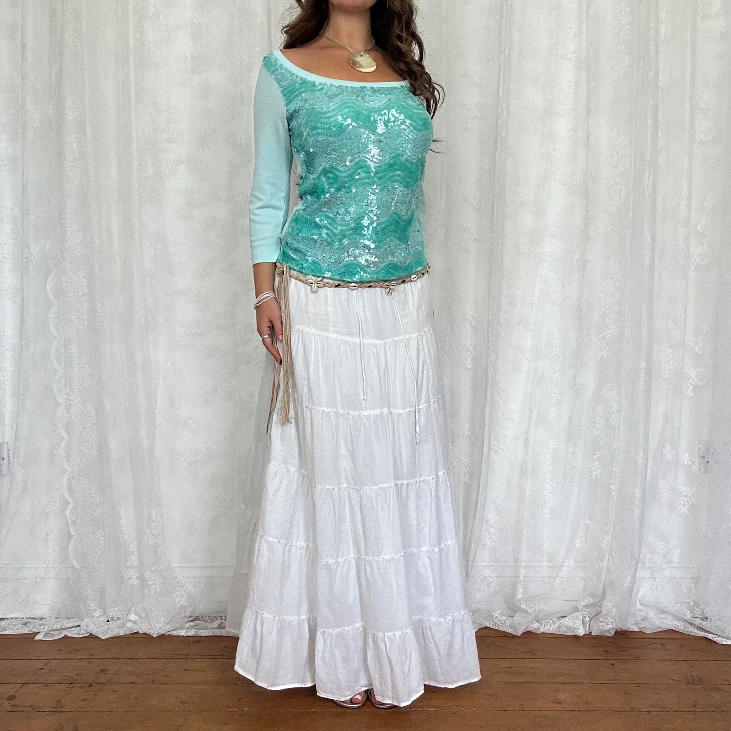 vintage 00s aqua blue sequin crop sleeve top