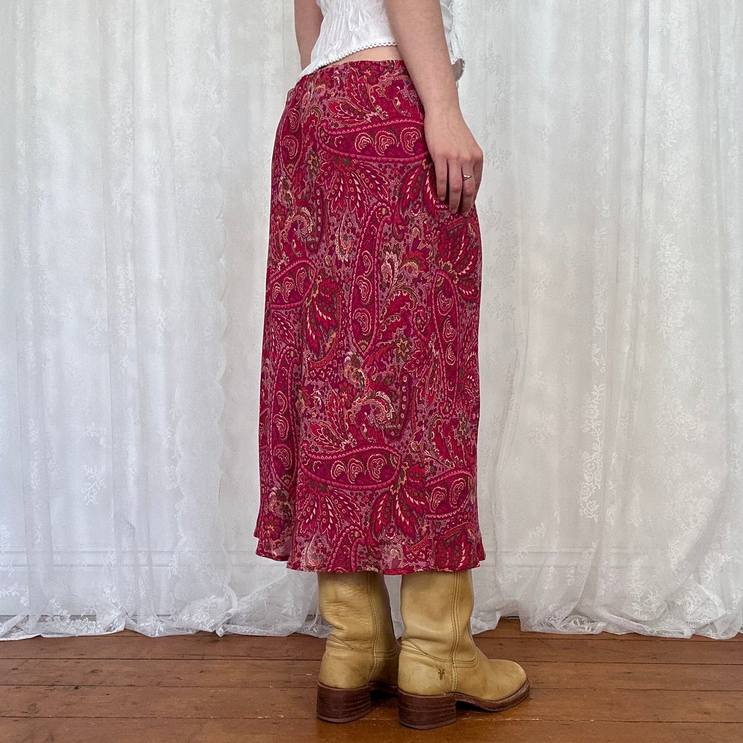 vintage 00s pink paisley print midi skirt