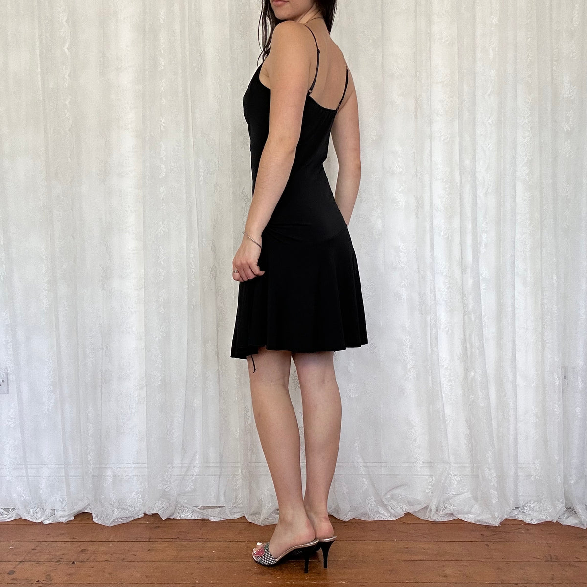 vintage 00s black slinky cowl neck midi dress