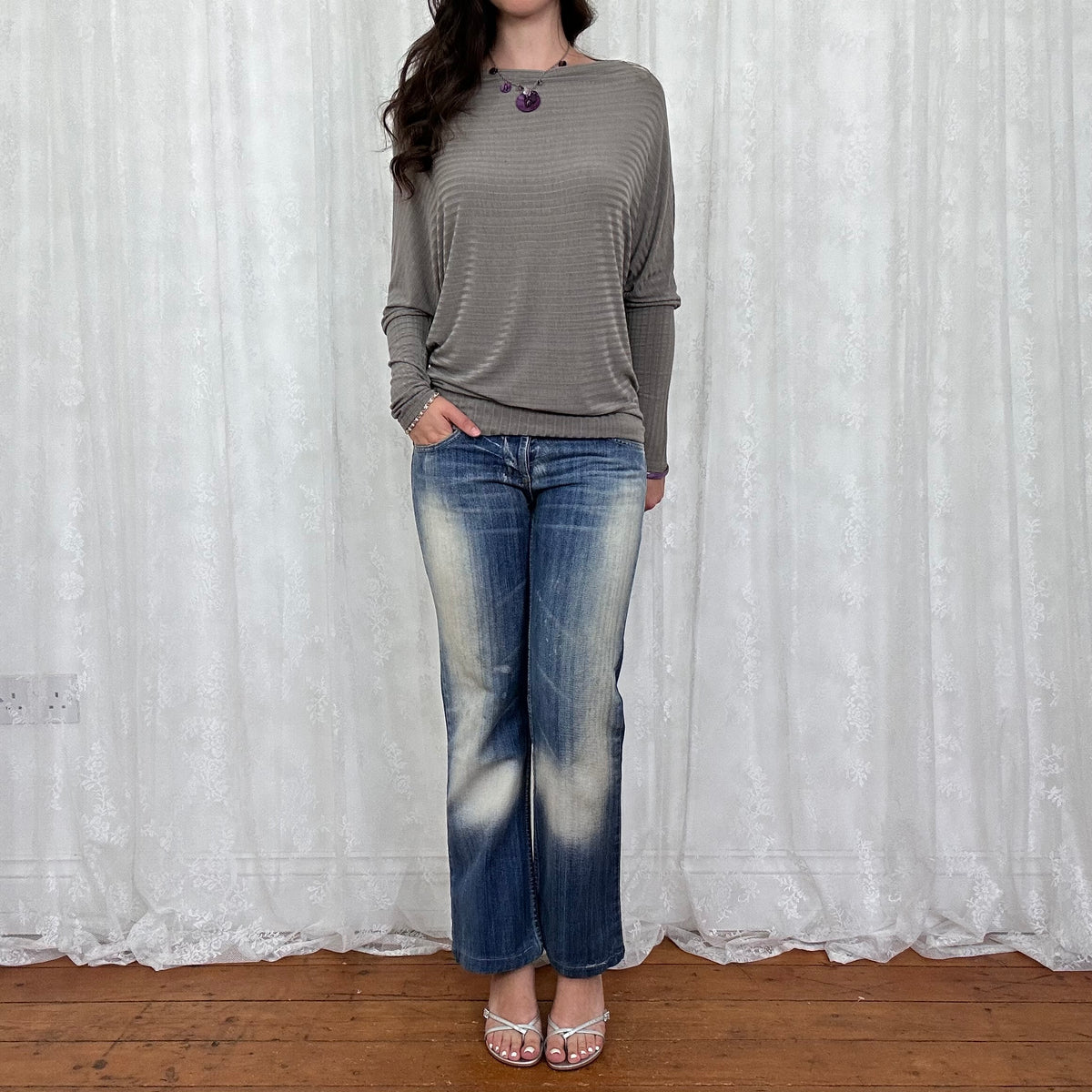 vintage 00s grey brown slouchy batwing top